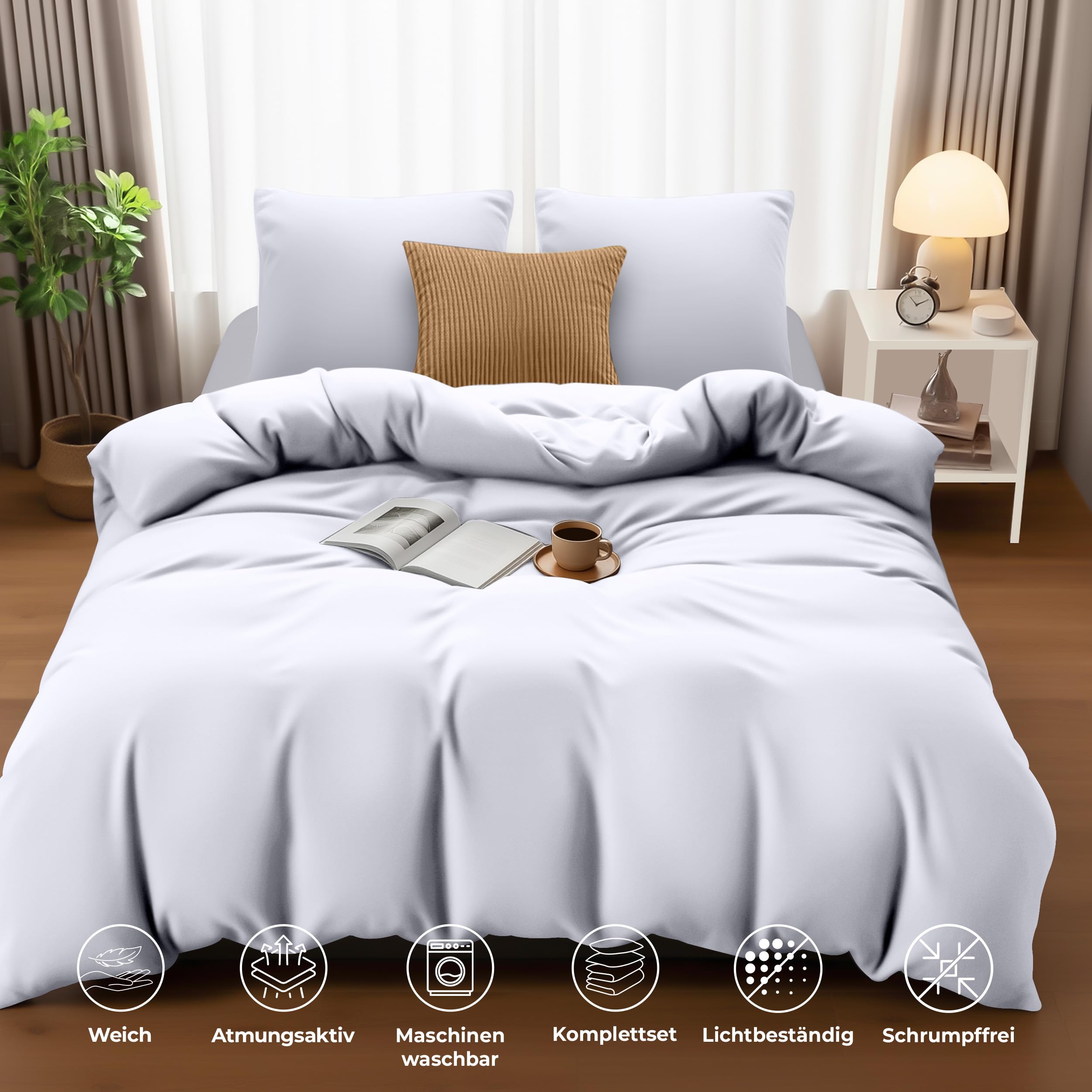 Utopia Bedding Bettwäsche 200x220 cm + 2 Kissenbezüge 80x80 cm, Weiß – Ansicht 5
