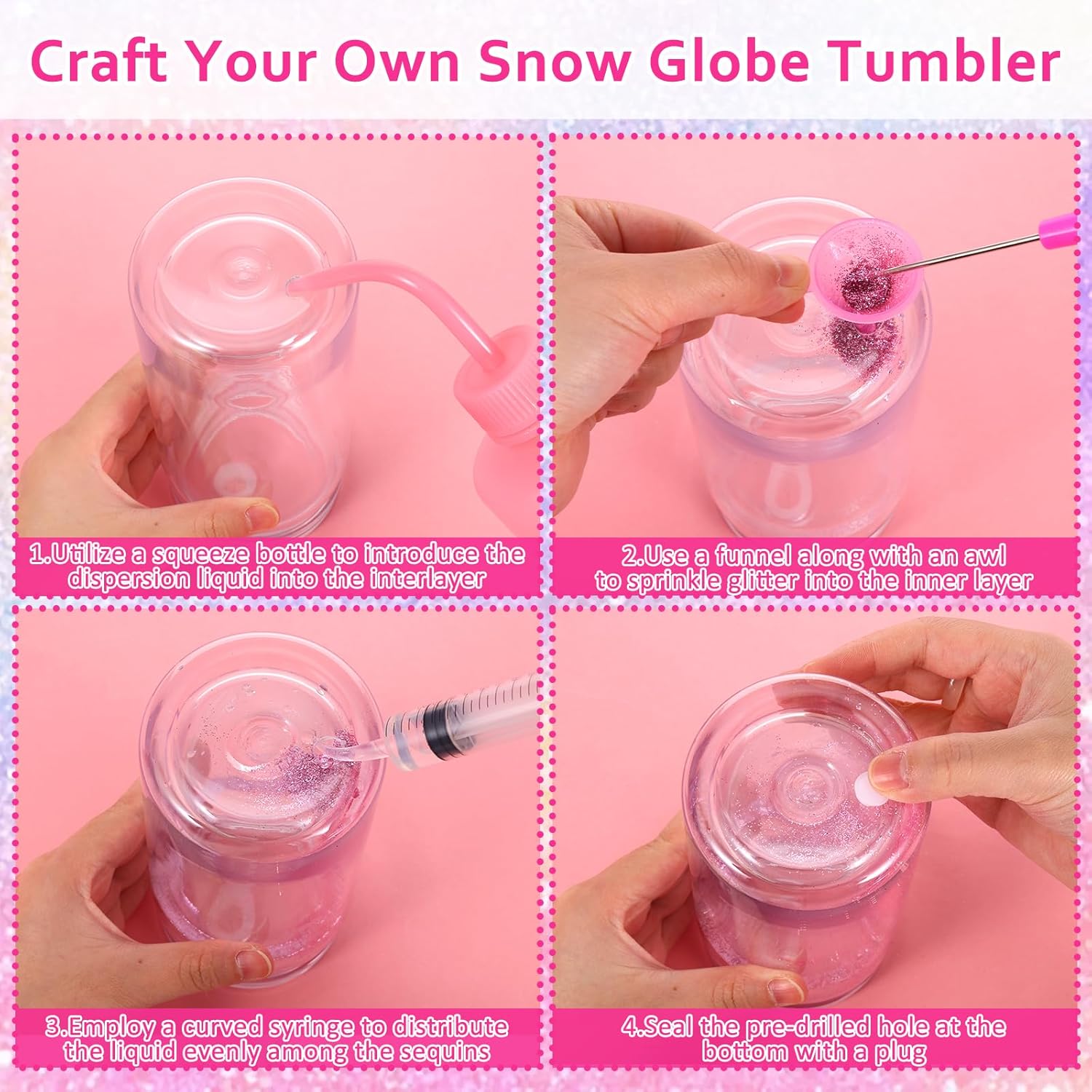 18 Pcs Snow Globe Tumbler Supplies 16oz Pre Drilled Double Wall Clear Cups Kit with Lid and Straw Squeeze Bottle Funnel Tweezer Bent Syringe for DIY Glitter Snow Globe Craft Gift - Image 5