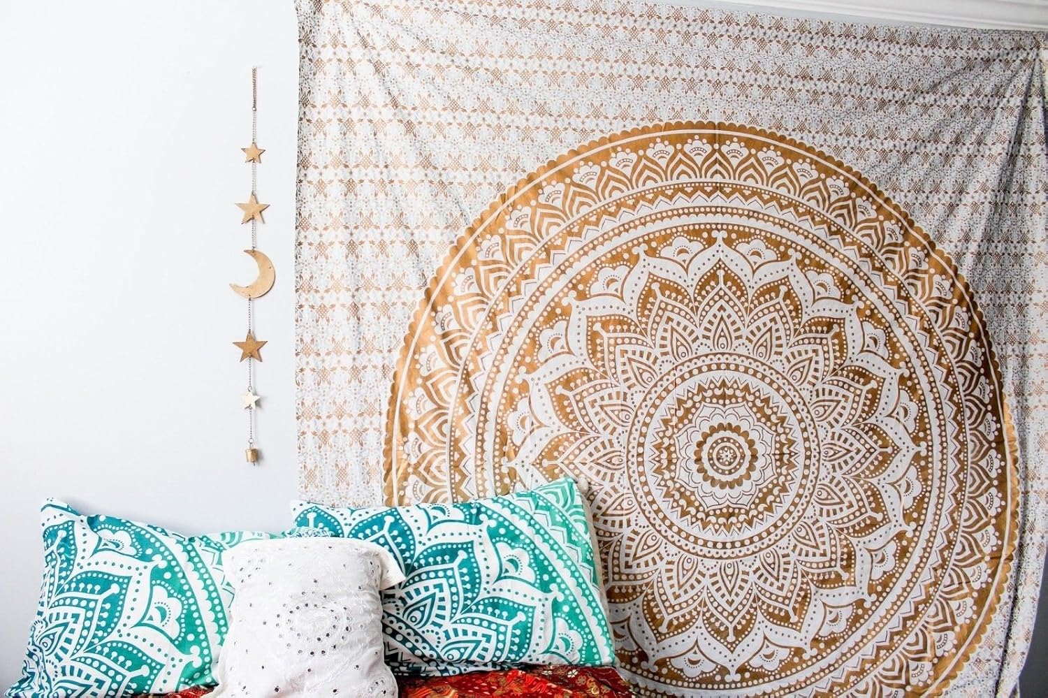 THE ART BOX Mandala Wall Hanging Tapestry Gold and White - Large Cotton Wall Blanket for Bedroom Décor, 104 x 90 inches - Image 3