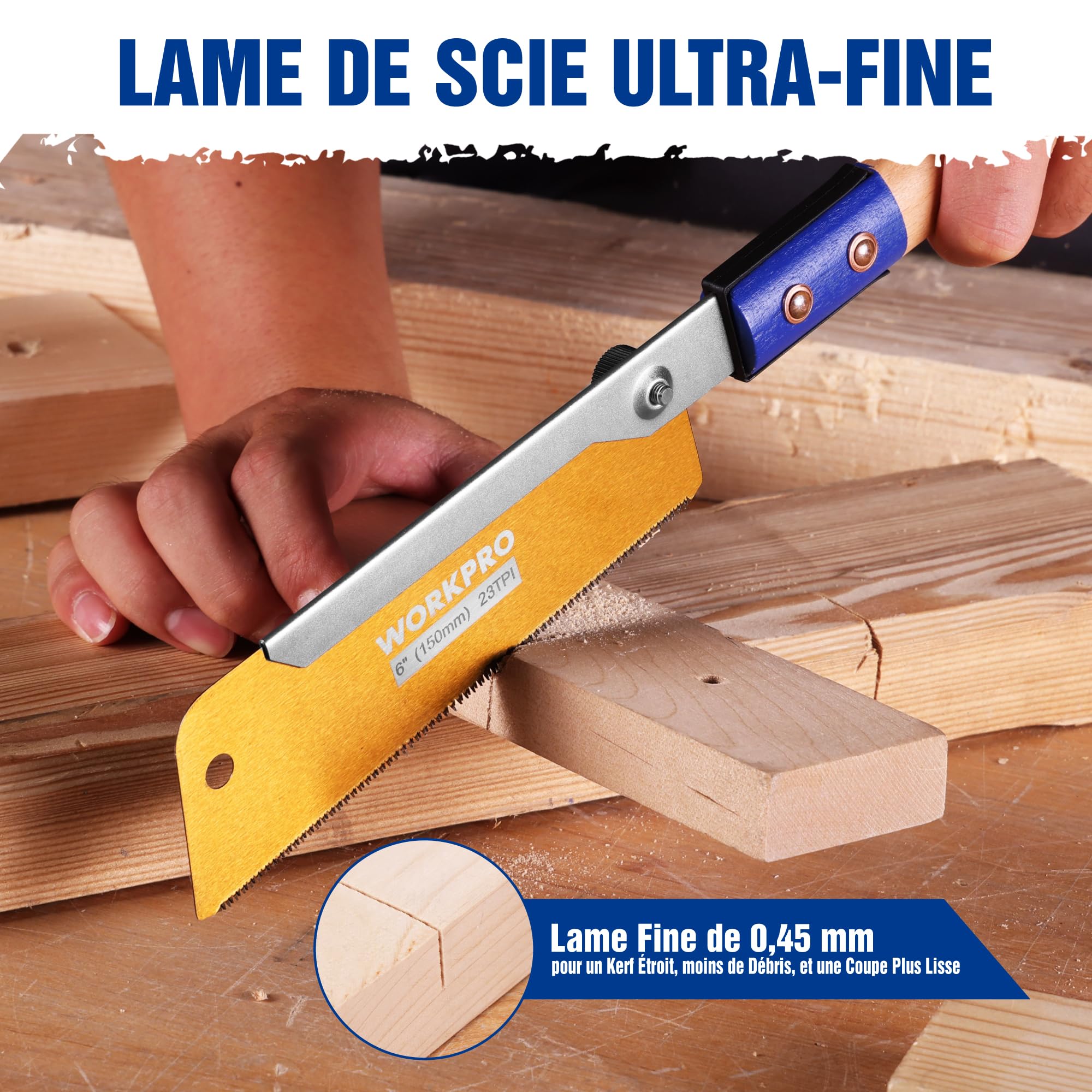 WORKPRO Scie à Queue d'Aronde 150 mm, Scie à Main Japonaise, Lame SK5 de 0,45 mm d'Épaisseur, avec Trou de Suspension, Découpes Fines, Manche en Bois de Hêtre