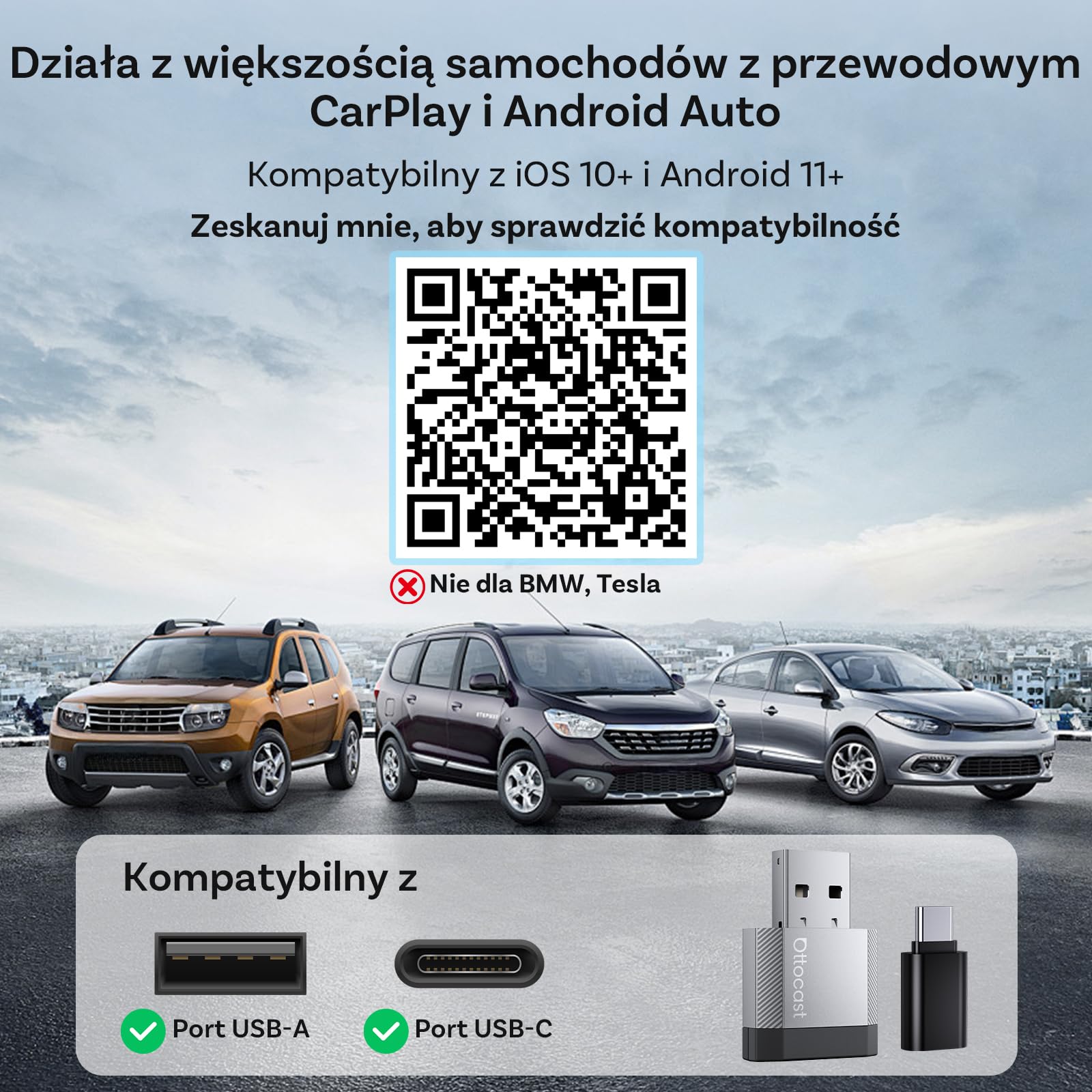 OTTOCAST 2 w 1 Bezprzewodowy CarPlay i Android Auto Adapter, Mini Nova 2026 Ultra-Kompaktowy Adapter Wireless, Obsługuje ChatGPT Gemini, Plug & Play do Samochodów z Przewodowym CarPlay/Android Auto