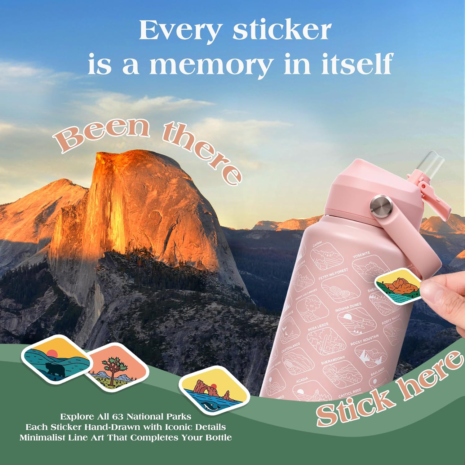 National Parks Water Bottle with 63 Waterproof Stickers – 32 oz Insulated Stainless Steel Bottle, 2-IN-1(Straw Spout)& Dustproof Lids, BPA-Free, Camping Hiking Travel Gifts (Pink) - Image 2