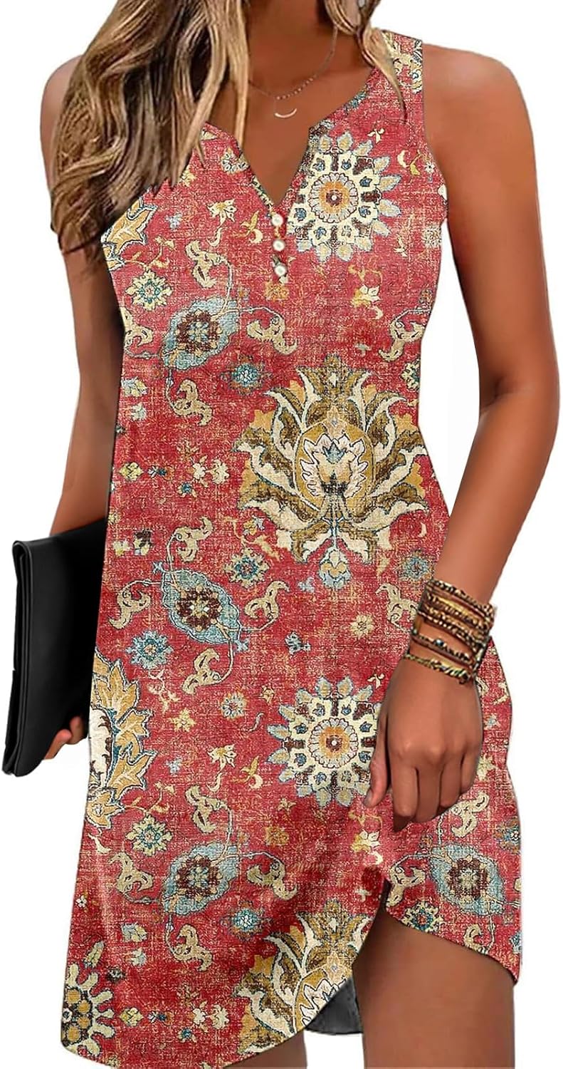 ETCYY Womens Sundresses for Beach Dress Vacation 2026 Boho Floral Printed Casual Button V Neck Sleeveless Summer Dresses