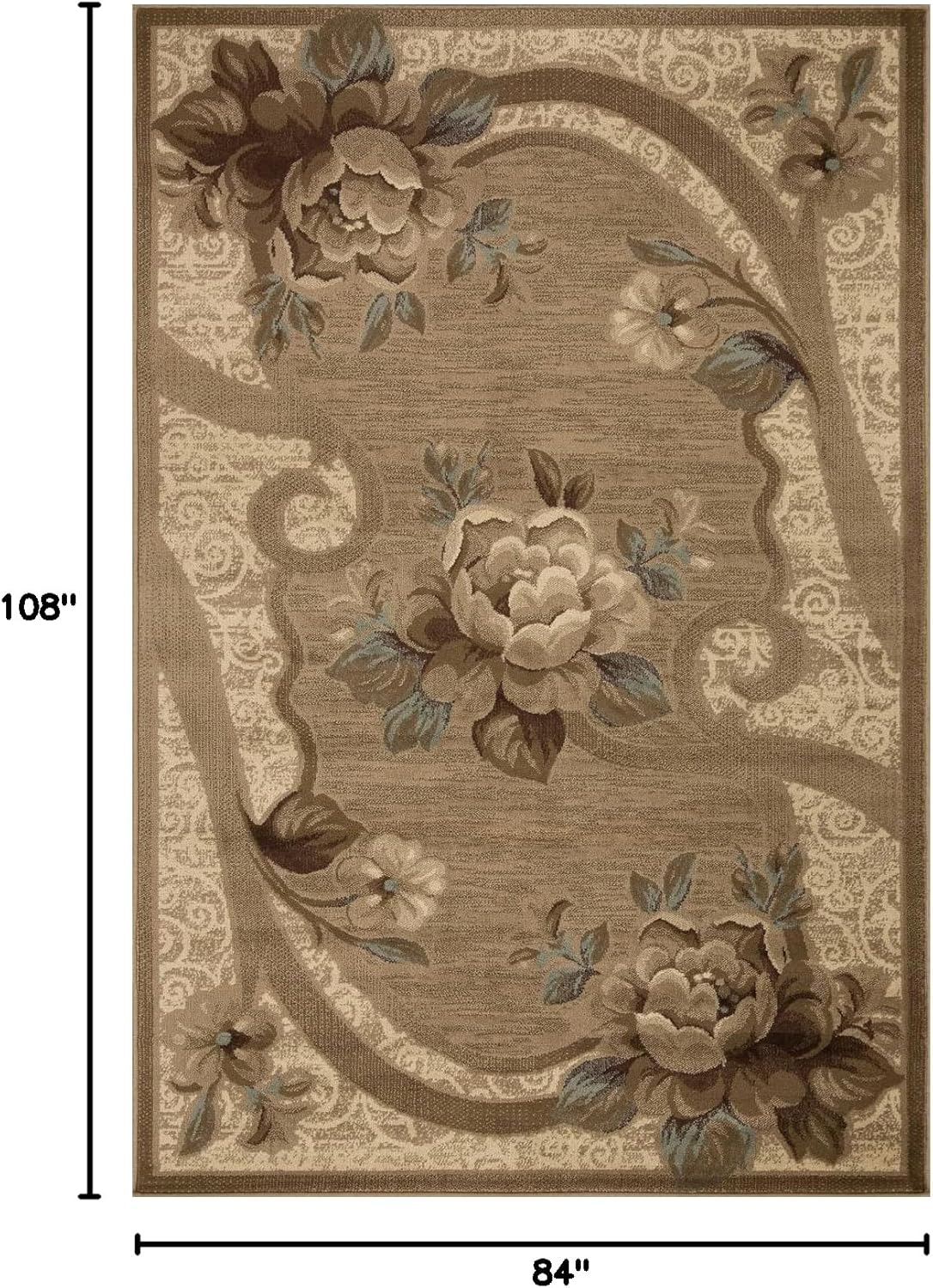 BNM Indoor Large Area Rug with Jute Backing, Great for Entryway, Living Room, Kitchen, Dorm, Bedroom, Hallway, Perfect for Hardwood Floors, Traditional Floral Scroll, 7' x 9', Taupe