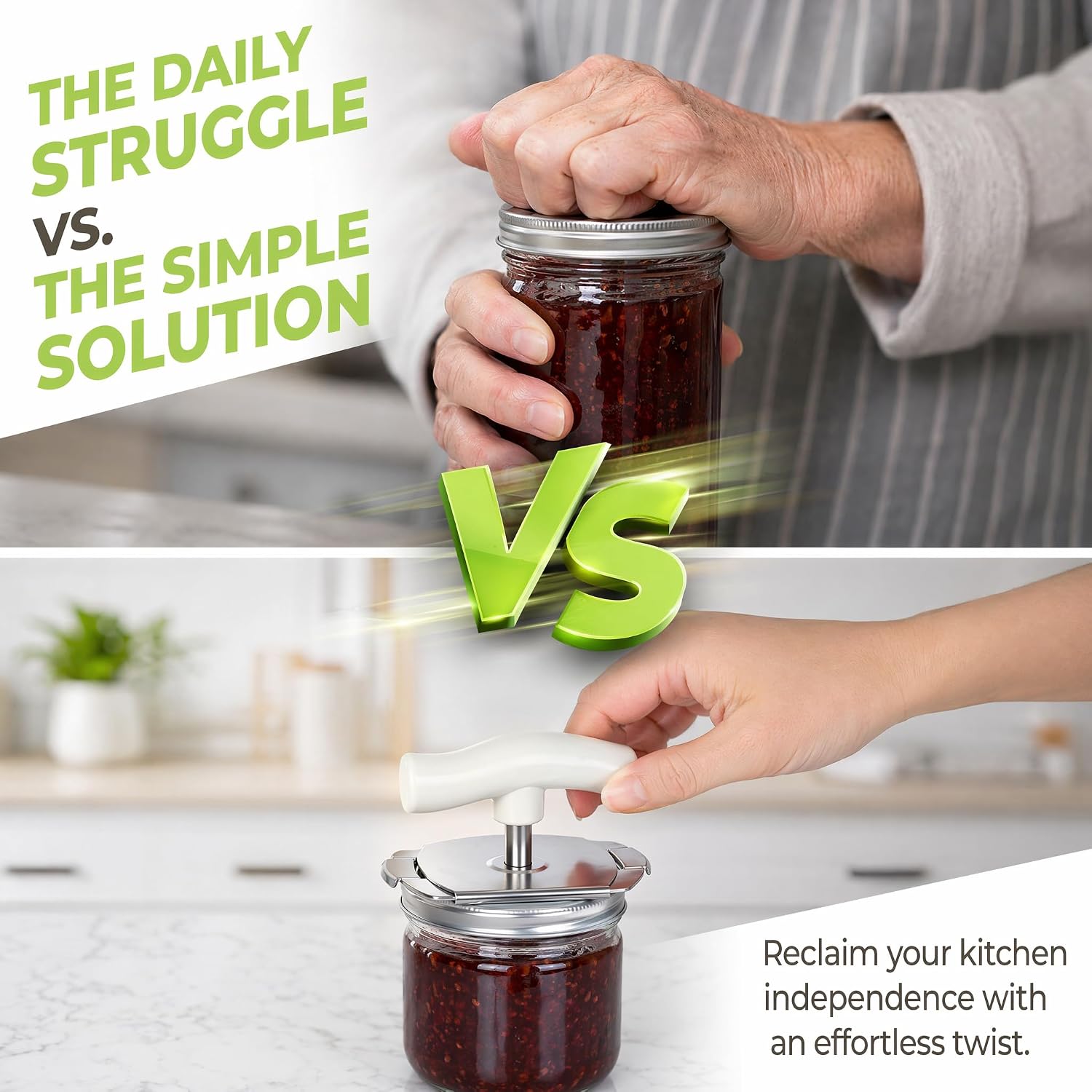 Adjustable Stainless Steel Jar Opener, Non-Slip Grip 2-in-1 Bottle & Jar Lid Remover, Kitchen Tool for Seniors, Those with Limited Hand Strength & Everyday Use, 2 Pack (White + Green)
