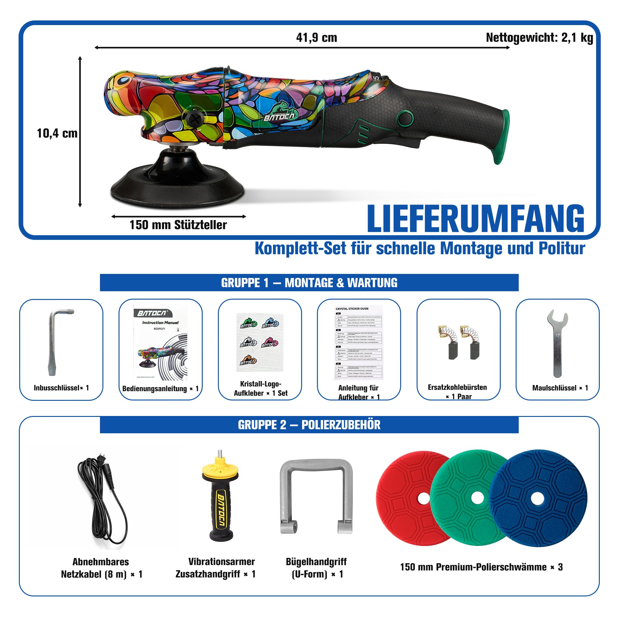 BATOCA P2 Poliermaschine Auto, 1000W Hohes Drehmoment - 150mm Profi Rotationspolierer für Tiefe Lackkorrektur - Vibrationsarm & 5m Abnehmbares Kabel, 6 Stufen 1000-3800 U/min - Boot, Wohnmobil