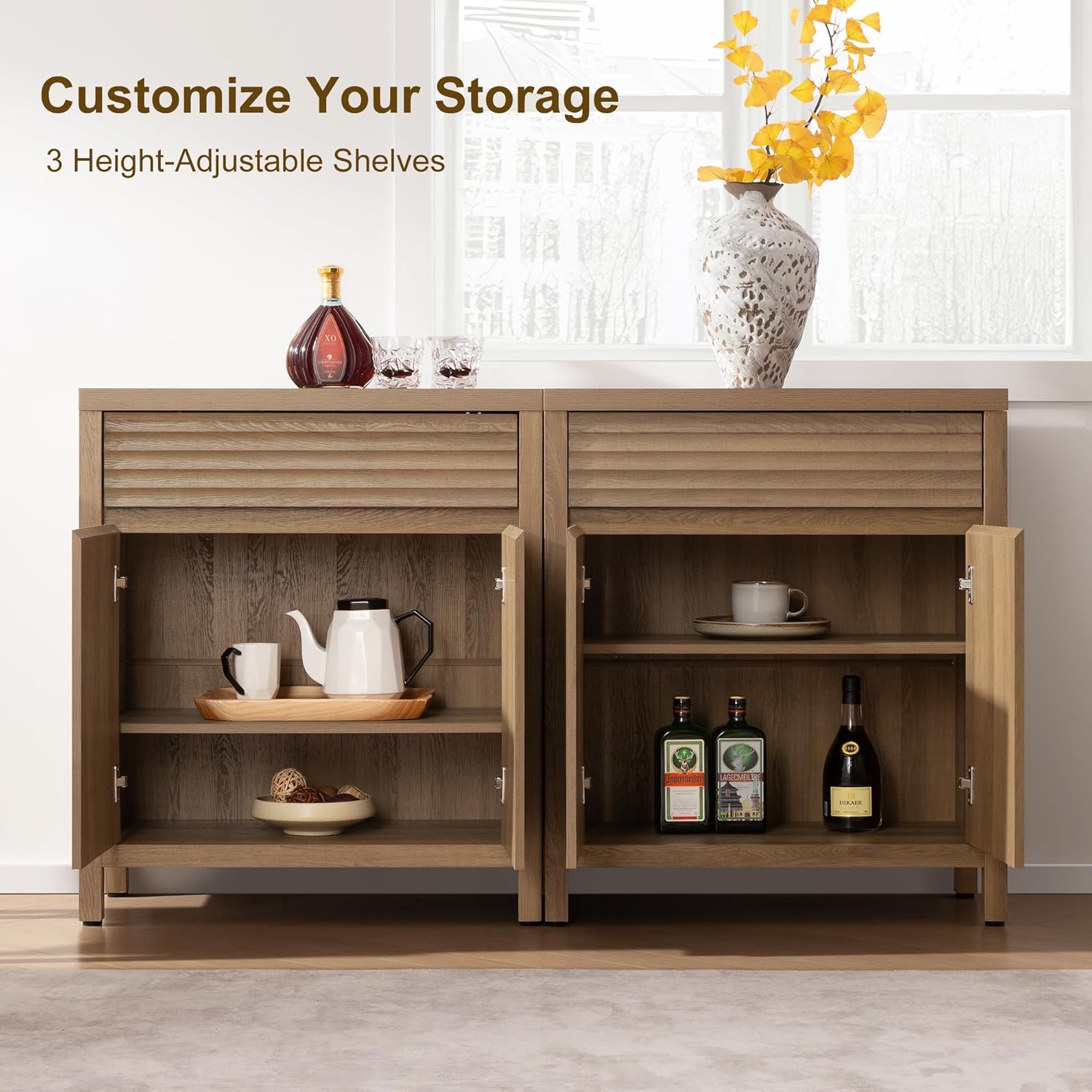 SICOTAS Fluted Buffet Cabinet with Storage - 87" Large Sideboard Modern Storage Cabinet Accent Coffee Bar Console Table with Drawers & Adjustable Shelves for Kitchen Living Room Entryway, Caramel Oak