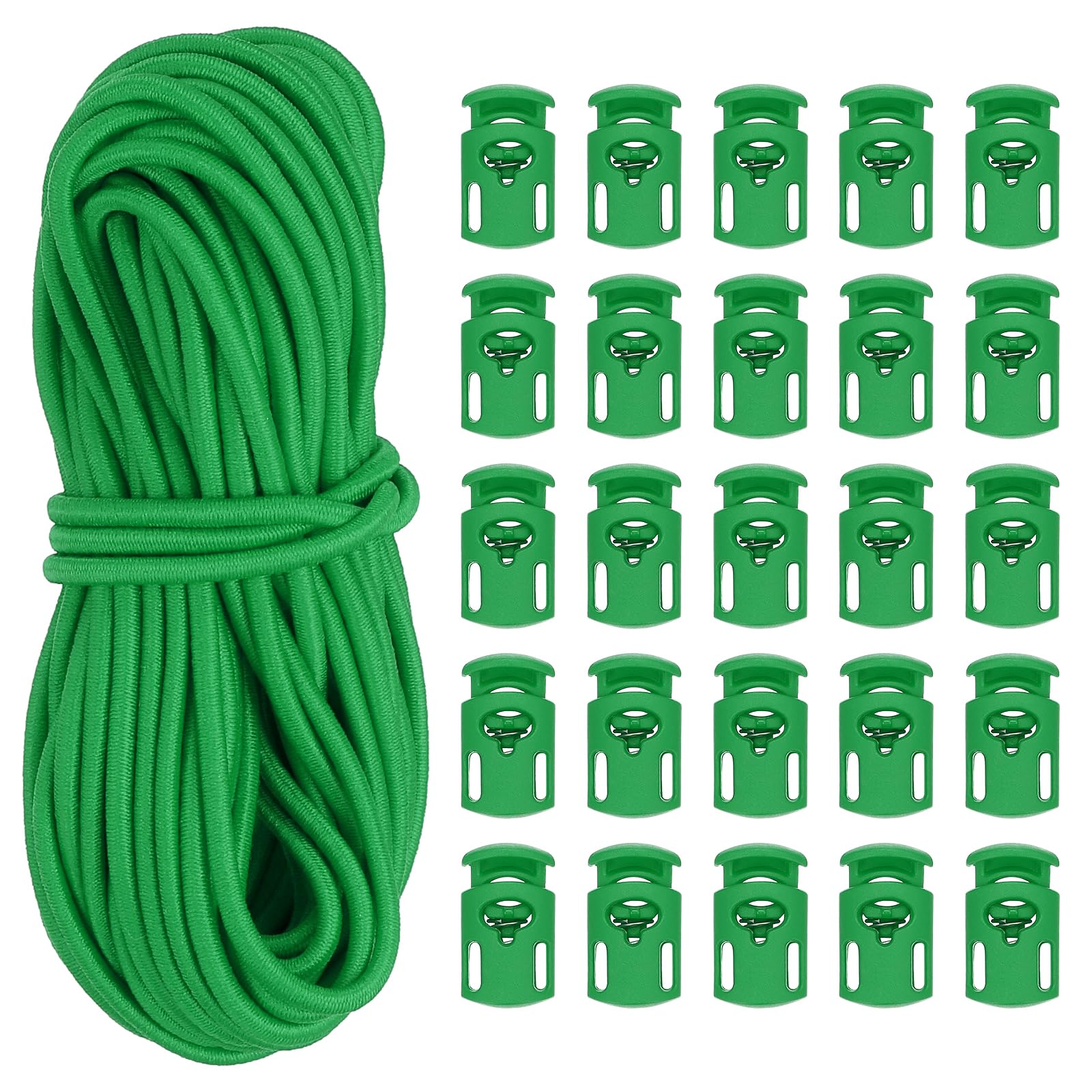 PATIKIL 10 Yard Elastic Bungee Cord & Single Hole Cord Lock, 25 Pack Plastic Oval Spring Toggle Stopper for Paracord Drawstring Shoelace Clothing Backpack Bags, Green