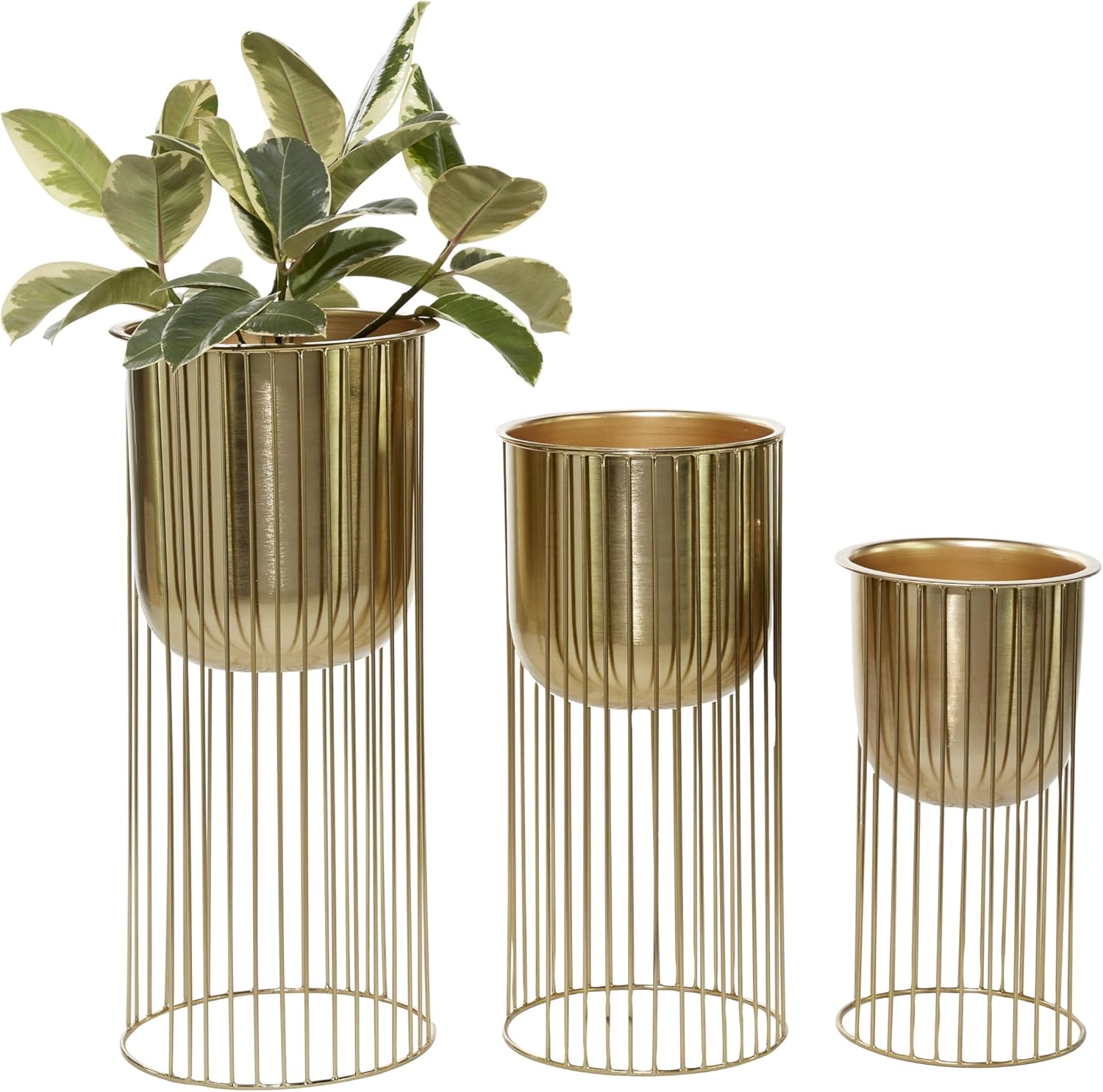 Deco 79 Metal Indoor Outdoor Planter Deep Recessed Dome Large Planter Pot with Elevated Caged Stand, Set of 3 Planters 24", 20", 16"H, Gold
