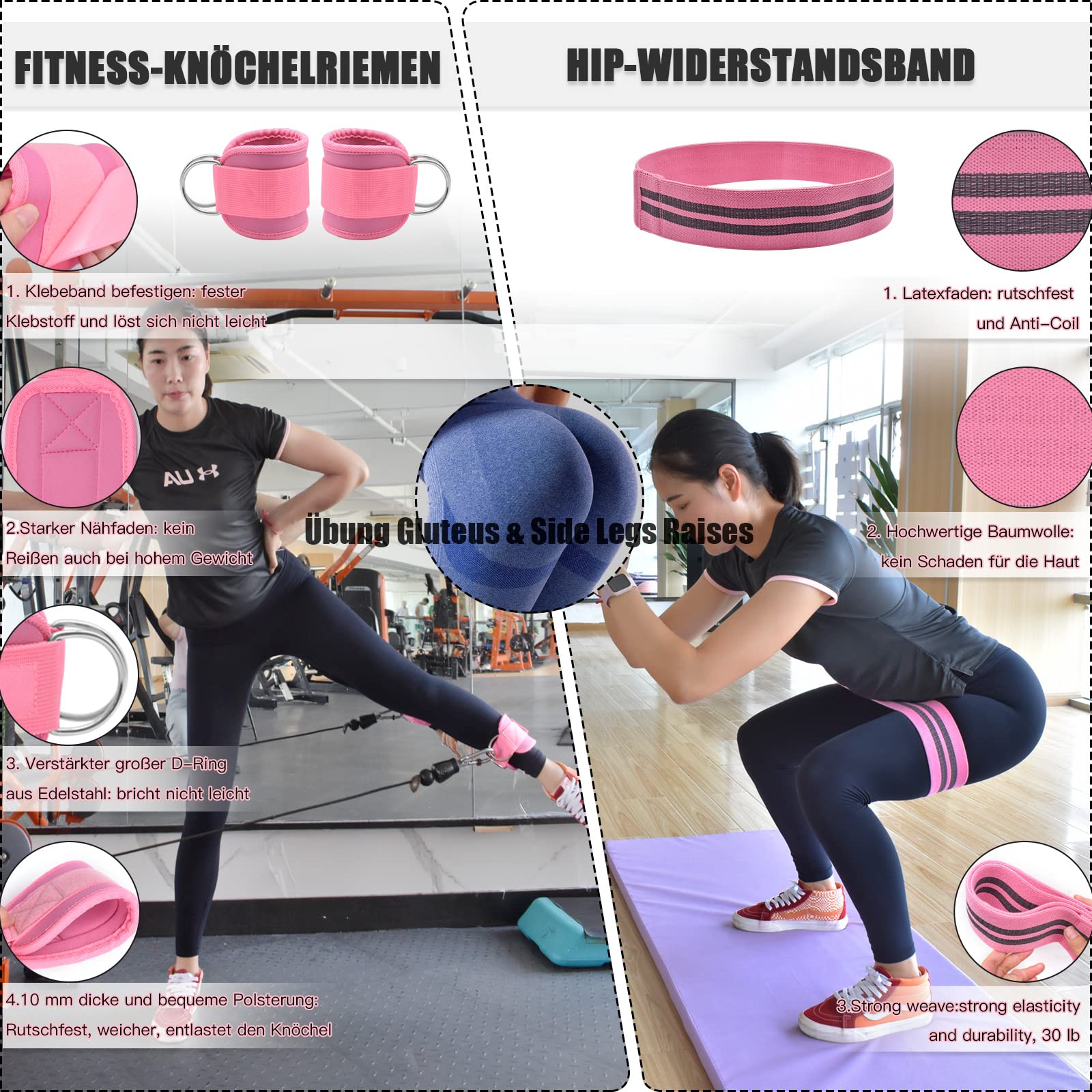 Brebebe 6er Set Langhantelpolster Set mit Gewichthebergürtel, Hip Thrust Pad für Leg und Po training, Nackenpolster Langhantel Set für Squats Lunges, Gewichtheben,mit 2er Knöchelriemen, Fitnessbänder