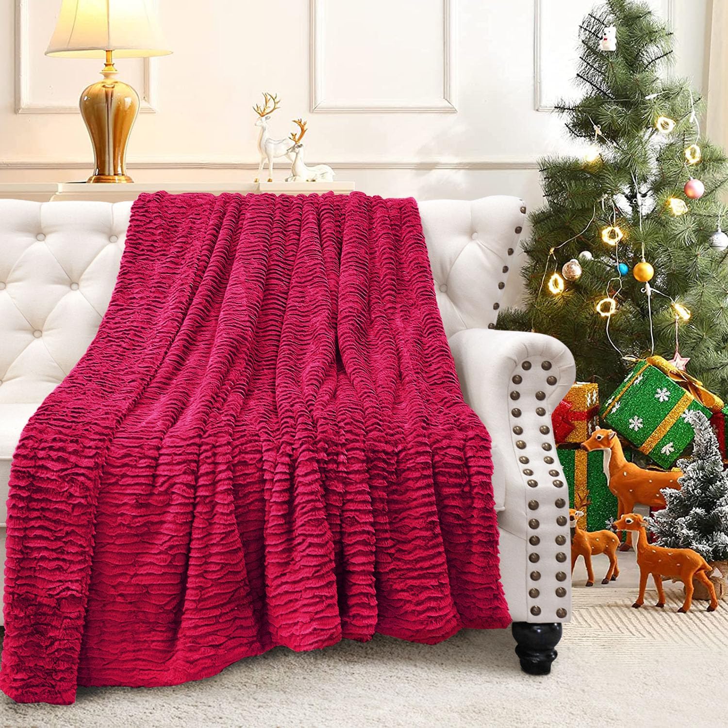 Cloud Striped Oversized Faux Fur Plush Throw Blankets with Rippled/Pleated Design, Super Soft Warm Cozy Fluffy Fuzzy Luxury Throw for Couch Sofa Chair Bed Cover, 60 x 70 in, Burgundy