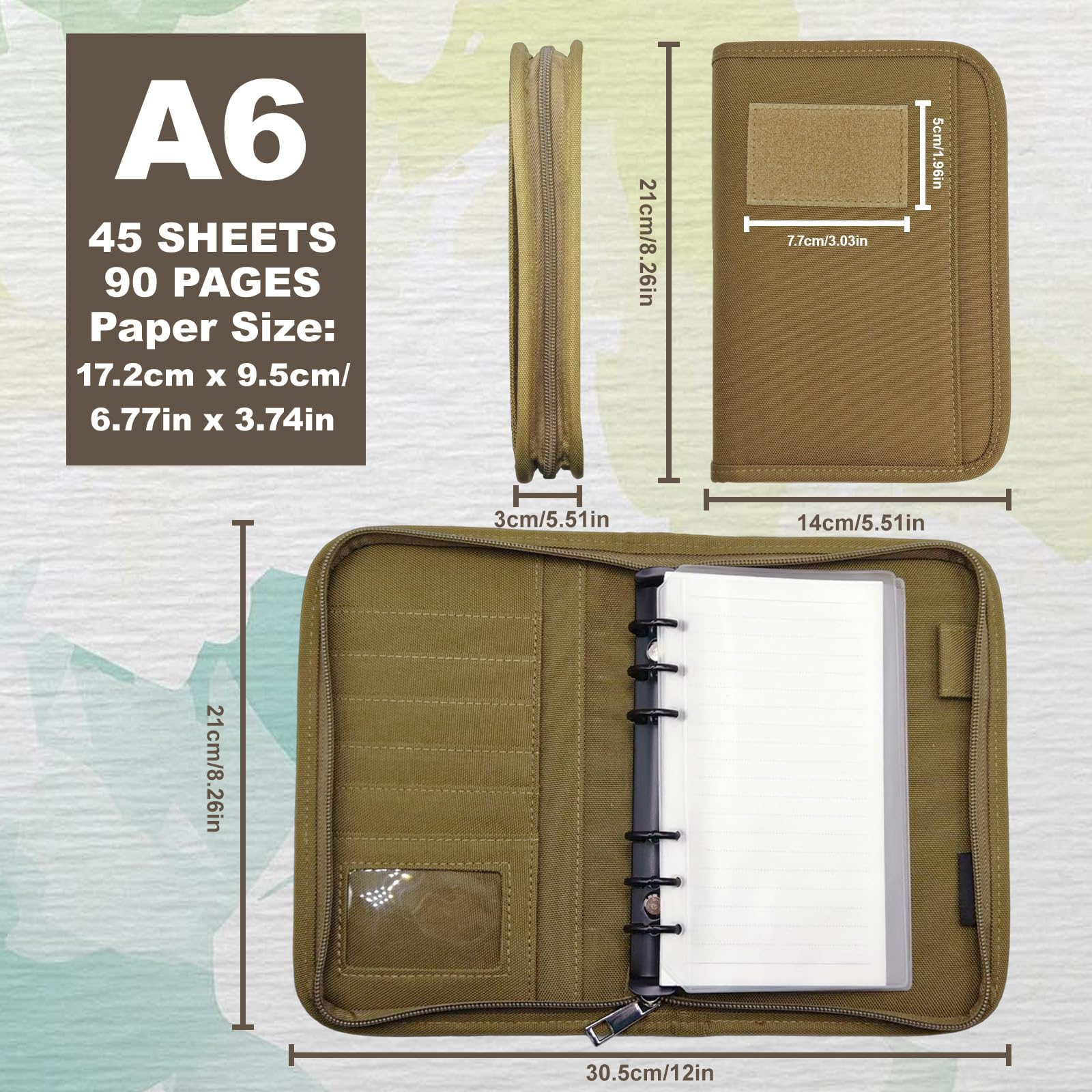 Military Padfolio Ring Binder with Zippered, Waterproof Tactical Notebook with 45 Sheets, Army Military Notebook Cover for Out-Work, Detachable 6-Ring A6 Binder, Khaki - Image 3