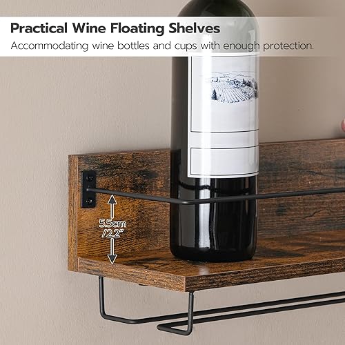 Miniatura 7 de HOOBRO Estante de vino montado en la pared, paquete de 2 estantes flotantes para colgar en la pared, soporte para botellas de copa de vino, para