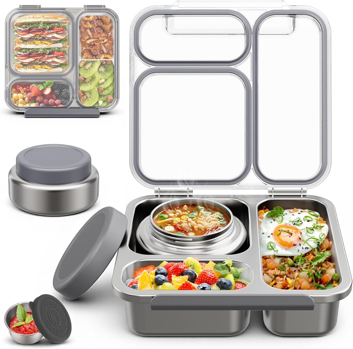 Stainless Steel Bento Box Kids Adult with 7oz Soup Thermo, Transparent Lid 3 Compartments Metal Bento Lunch Box with Insulated Food Jar,Lunch Box Container Sauce Cup for School,BPA-Free(Green)