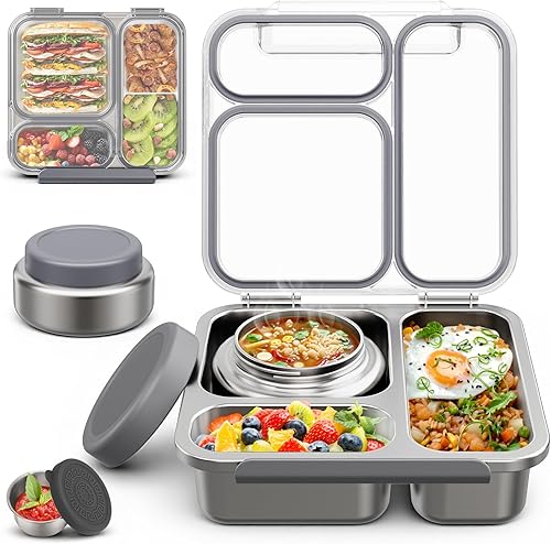 Caja Bento de Acero Inoxidable para Niños y Adultos con Termo para Sopa de 7oz, Tapa Transparente, Caja de Almuerzo Metálica de 3 Compartimentos con