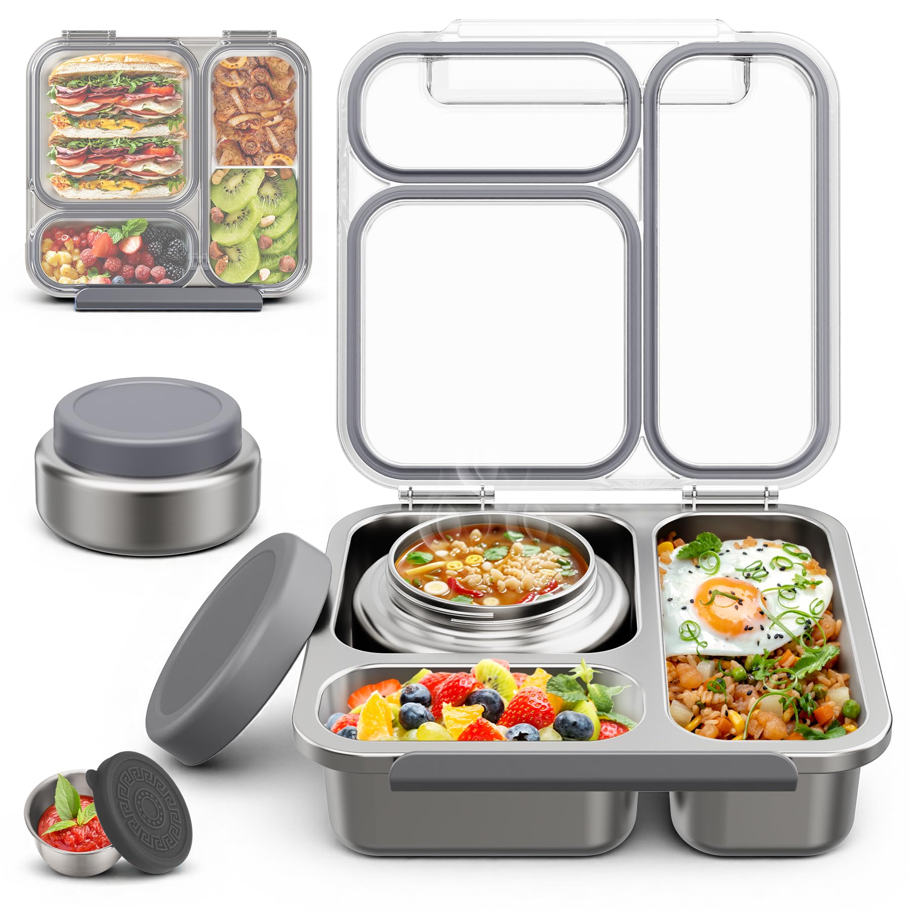 Itslife Bento Lunch Box Adulti Bambini in Acciaio Inox con 200ml Contenitore Termico per Alimenti, Porta Pranzo 3 Scomparti con Contenitore per Salse, per Lavoro Picnic Ufficio, senza BPA, Grigio