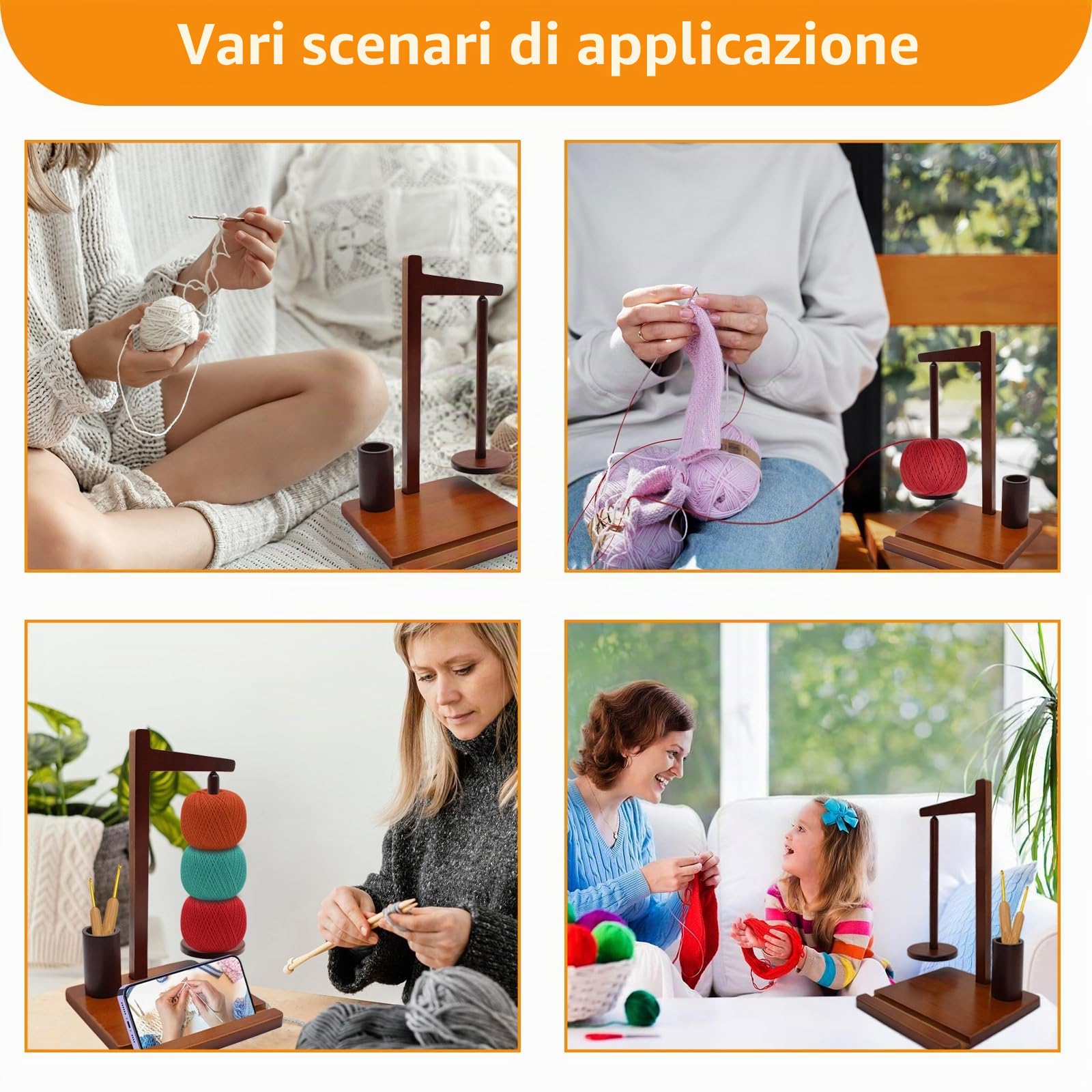 Supporto in Legno per Fili, Porta-Gomitolo con Supporto per Telefono, Supporto Magnetico Multifunzionale per Lana, Raccoglitore per Fili da Uncinetto e Lavoro a Maglia