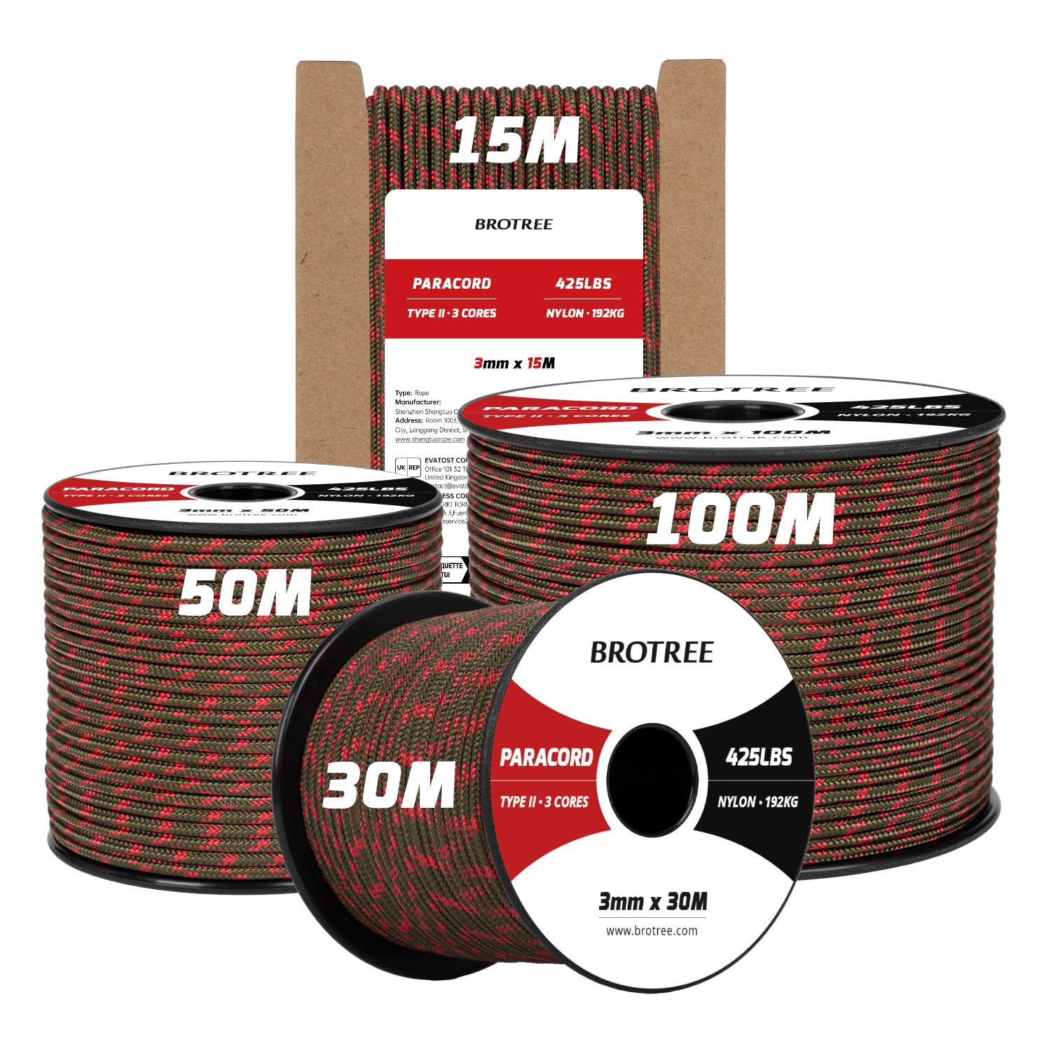 Brotree Apocalypse 3Mm Paracord 425 100% Nylon 15M Rope 3 Strands Type Ii Parachute Cord For Outdoor, Craft, Diy - 192Kg Breaking Load (Apocalypse)