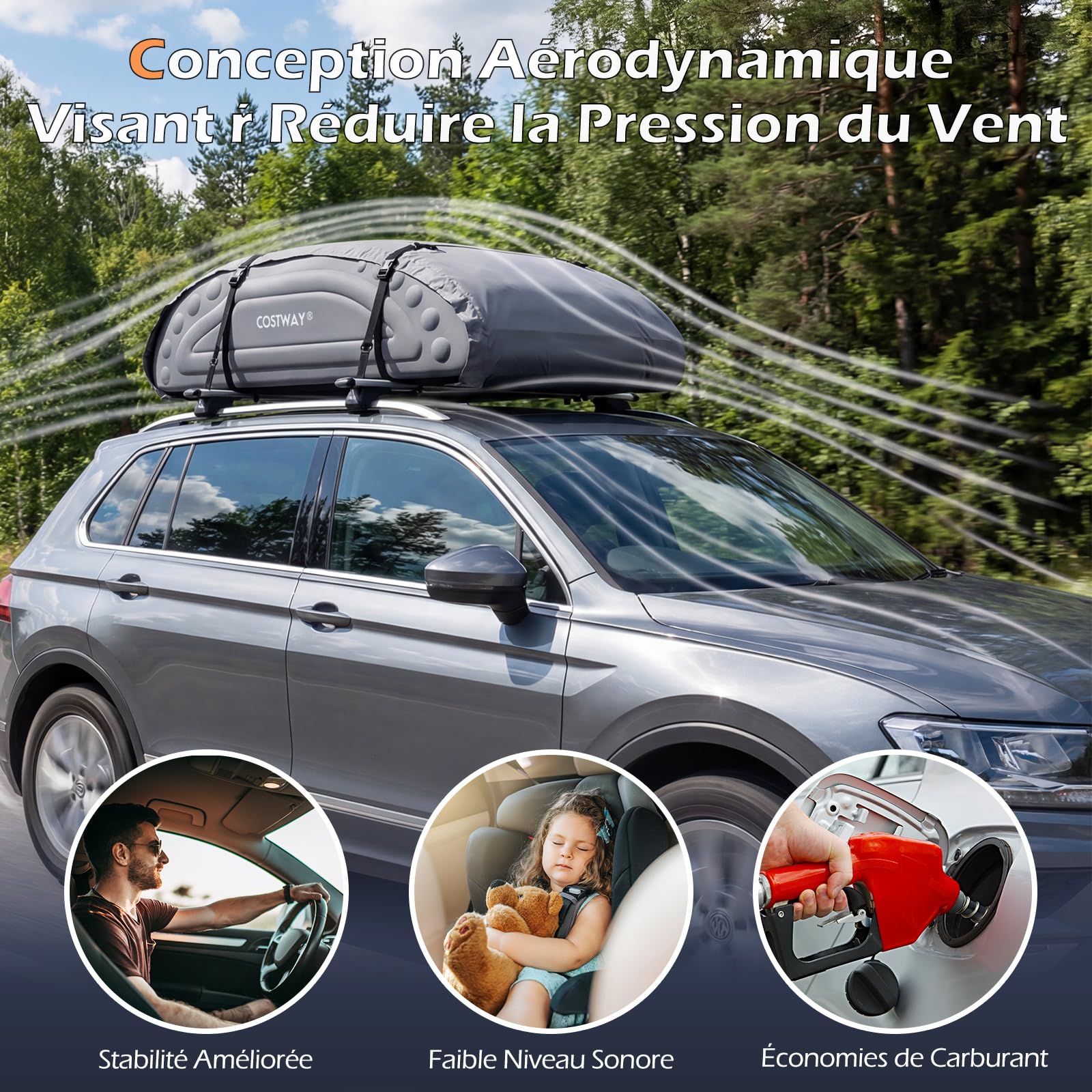 COSTWAY Coffre de Toit pour Voiture, Capacité de 400 L, Résistant aux Intempéries, avec Sangles Robustes, Porte-Bagages de Toit Pratique en PE Mousse pour VUS pour Tous Véhicules (Gris)