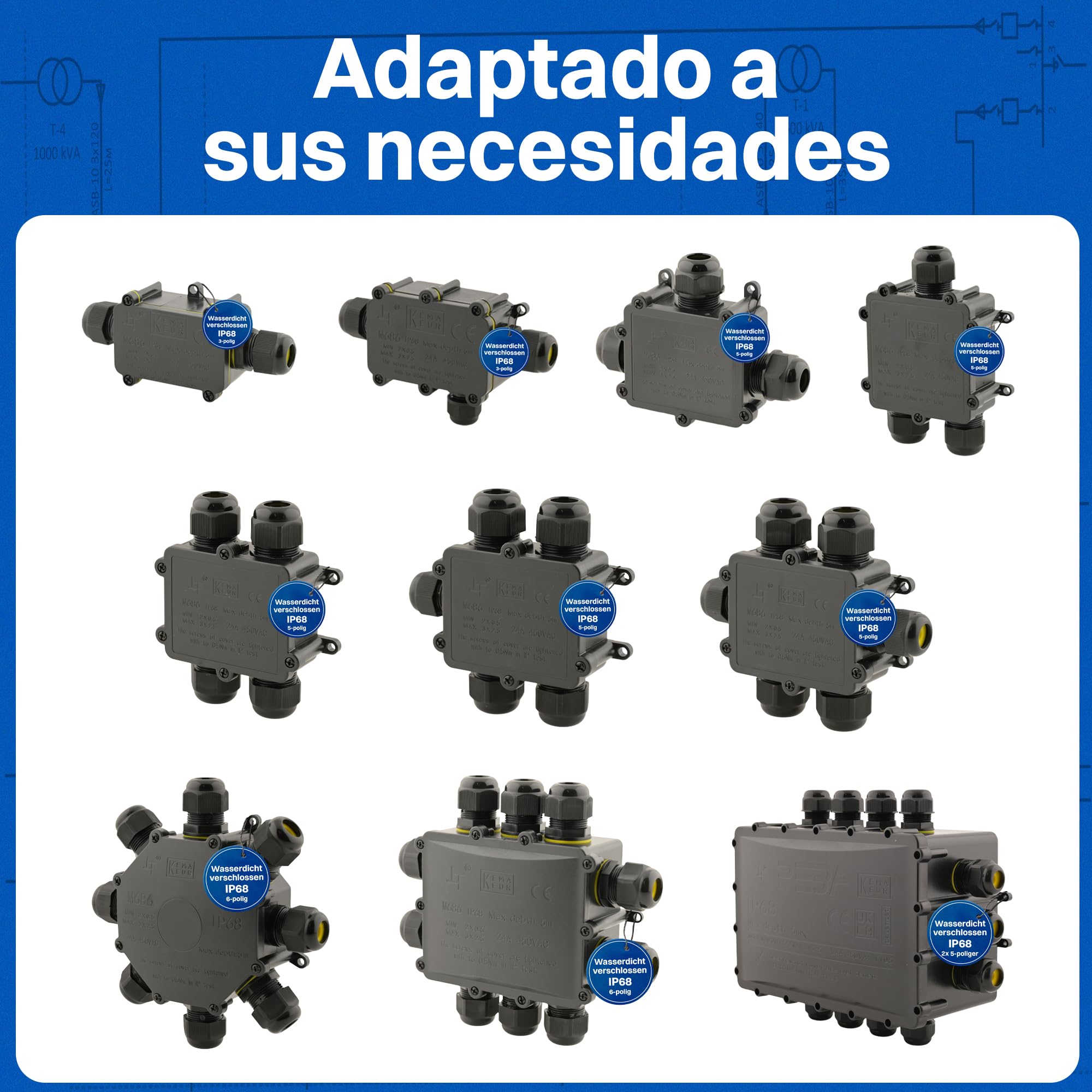 Intratec 10x Caja de derivación estanca 6 aperturas 4–14 mm cable – Caja de distribución impermeable IP68 para exterior, fácil instalación en jardín y cables subterráneos – 35 x 113 x 93mm
