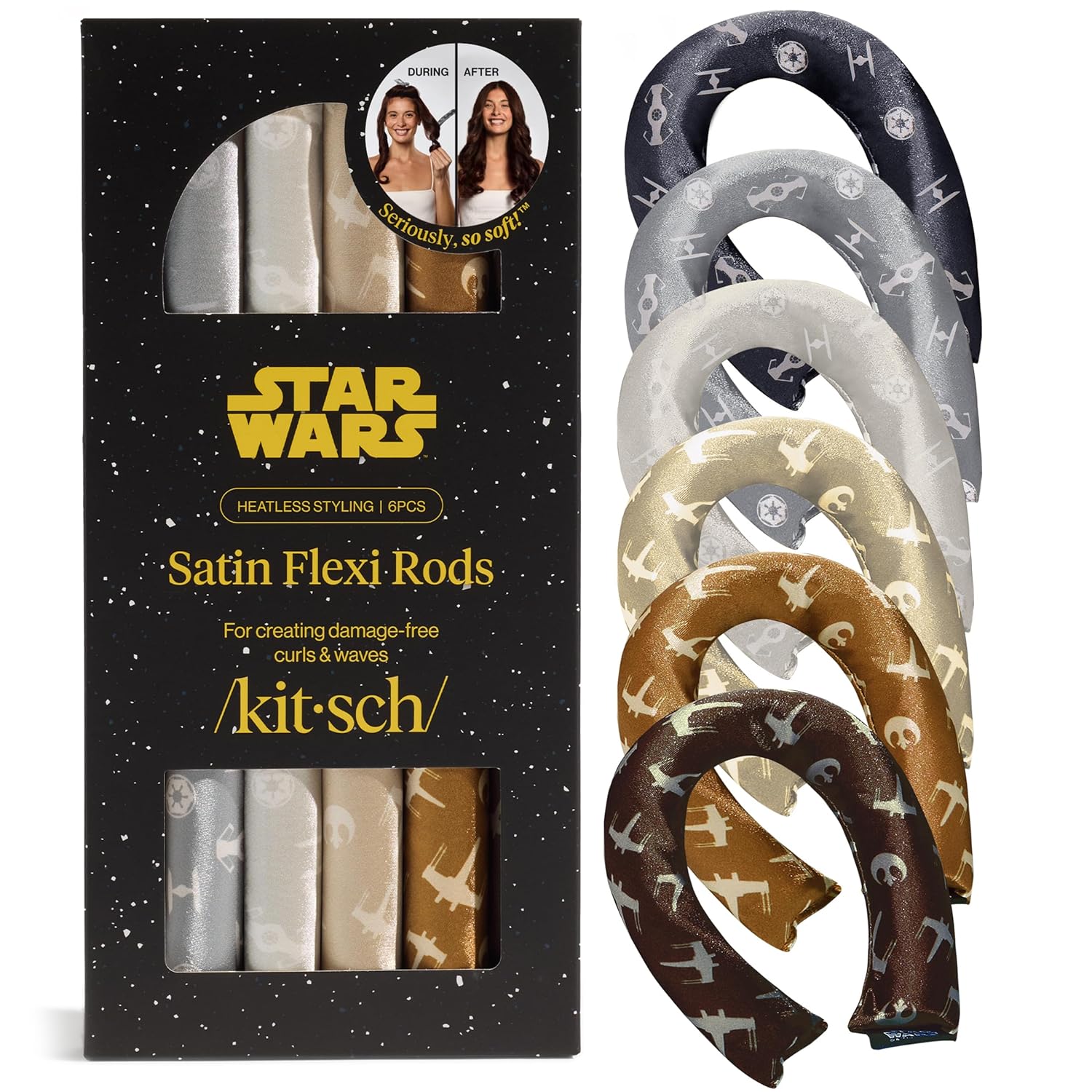 Kitsch x Star Wars Satin Heatless Hair Curler – Soft Hair Curlers to Sleep In for Heatless Curls Overnight – Overnight Blowout Rods for Women – Hair Styling Tools – Light Side vs Dark Side, 6pc Set