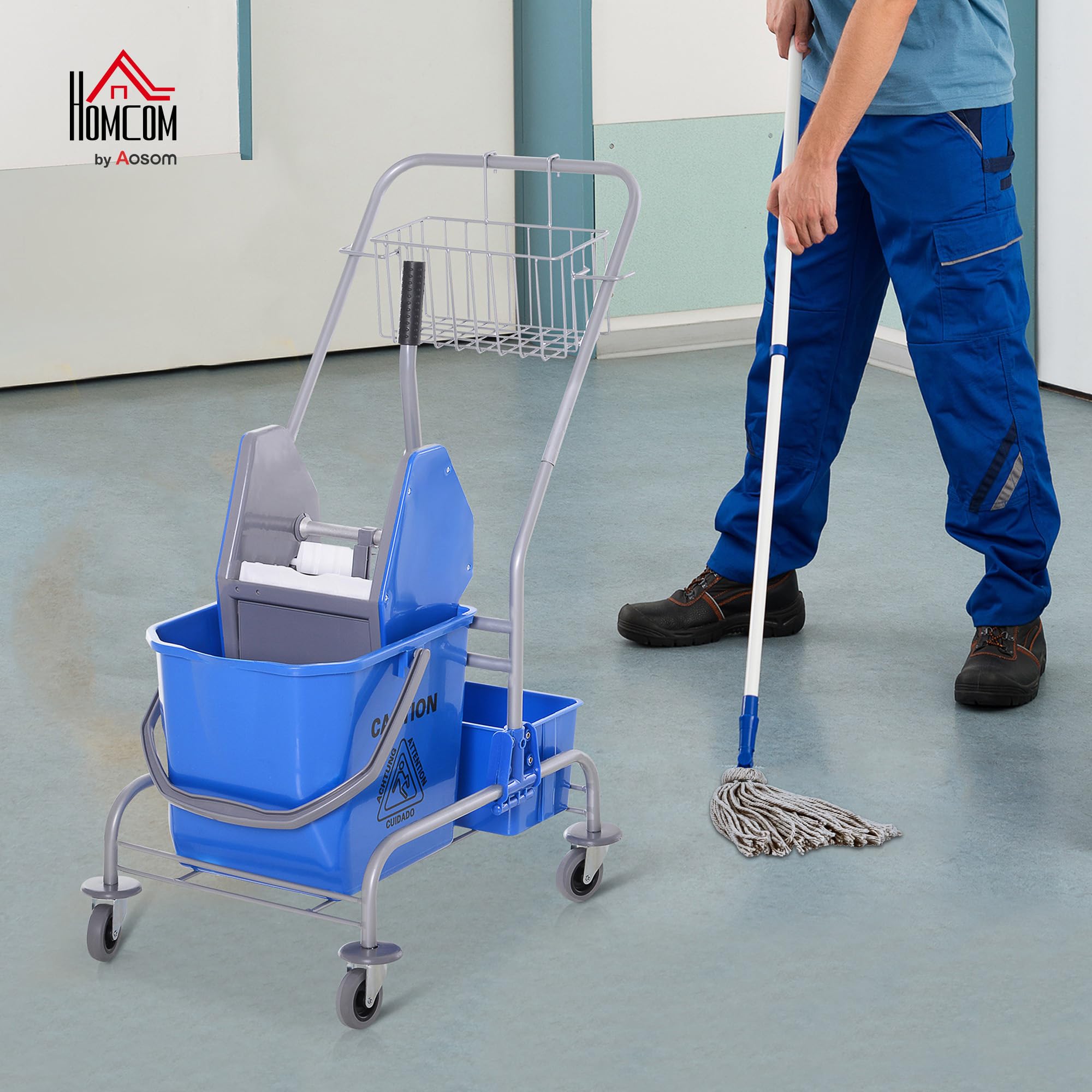 HOMCOM Carrello per la pulizia del carrello di servizio con secchi di mocio da 25 l, scolapiatti e ripiani per hotel ufficio, 72 x 49,5 x 95 cm, blu