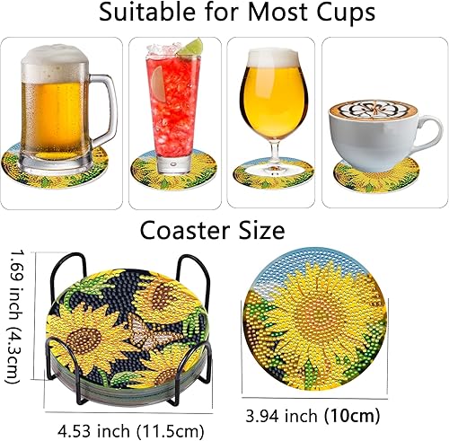 Miniatura 5 de TDOOW 8 Piezas Posavasos de Pintura de Diamante, Posavasos de Arte de Diamante de Girasol para Adultos DIY Posavasos de Arte de Diamante para