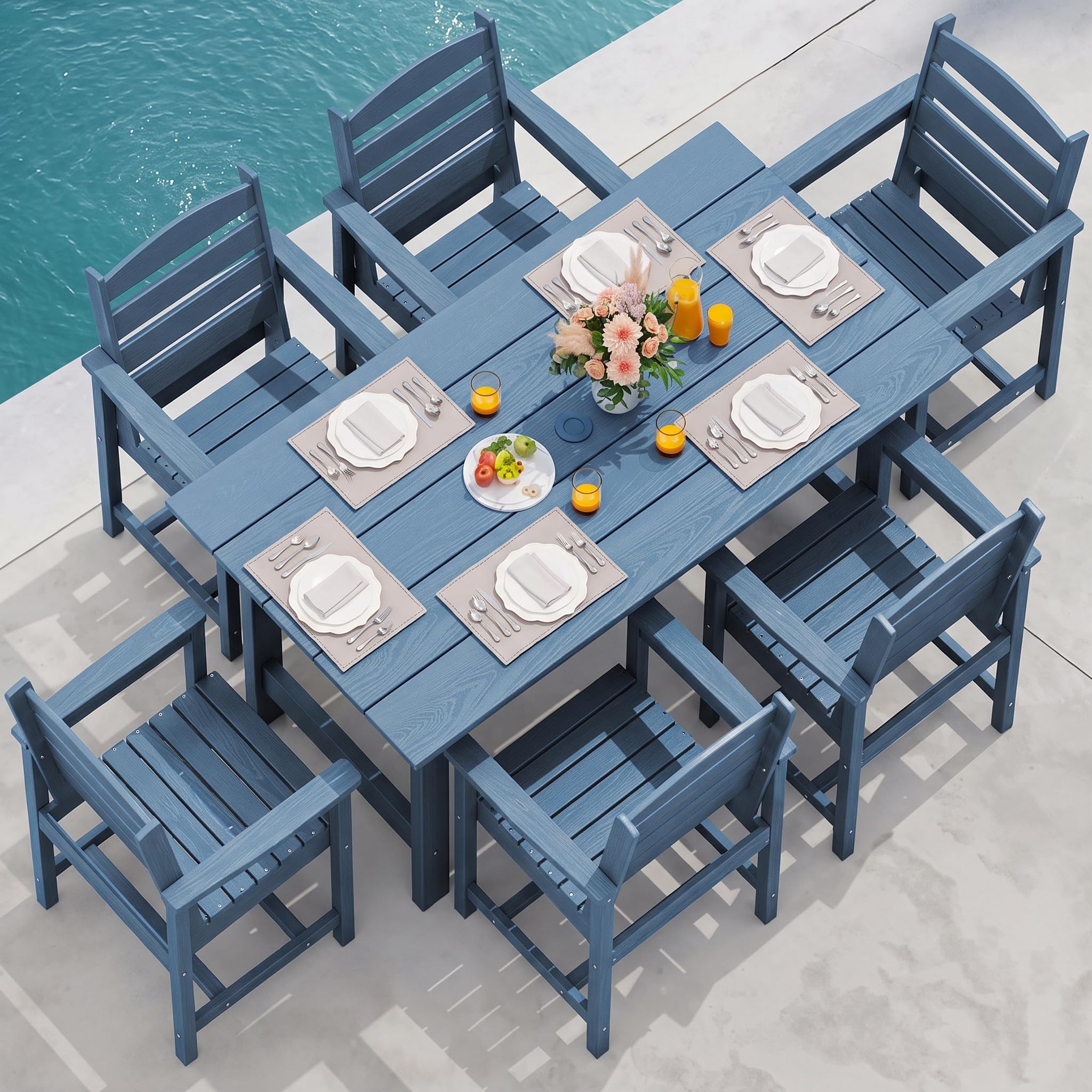 SERWALL 7 Pcs Outdoor Dining Set, 1 Umbrella Hole Table &amp; 6 Chairs, Blue | HDPE Outdoor Dining Furniture with Rectangular Table &amp; 6 Chairs, All-Weather Resistant SERWALL Dining Set for 6