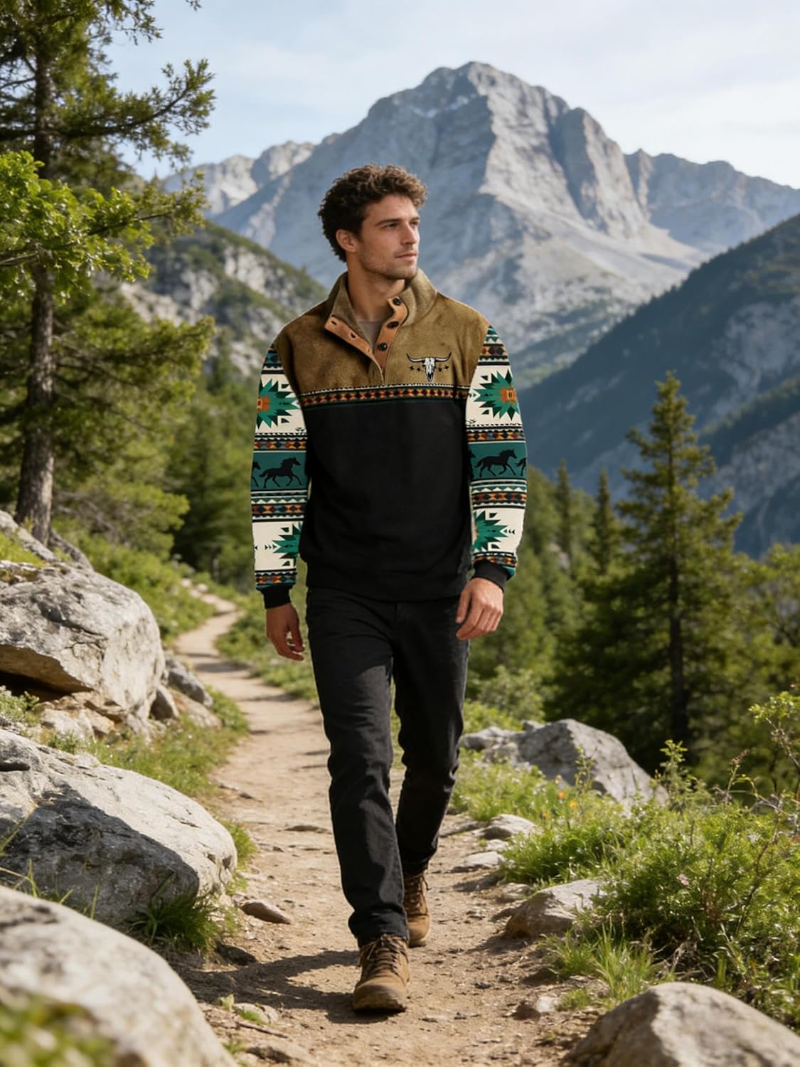 Mens Sweatshirts Casual Vintage Western Ethnic Pullover Stand Collar 1/4 Button Up Fall Fleece Polo Shirts - Image 4