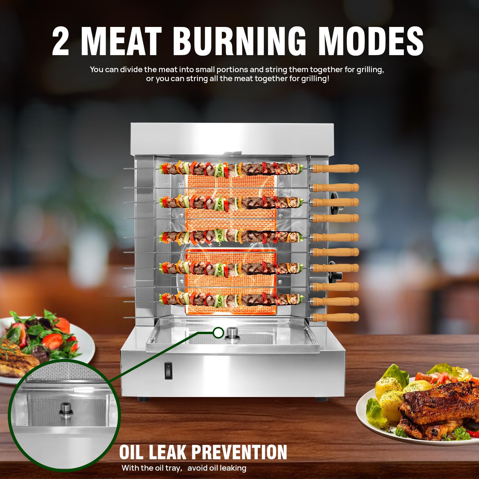 Máquina de Parrilla Shawarma Profesional 2 Quemadores, Asador para Kebabs y Tacos Al Pastor, Incluye 10 Pinchos de Acero Inoxidable
