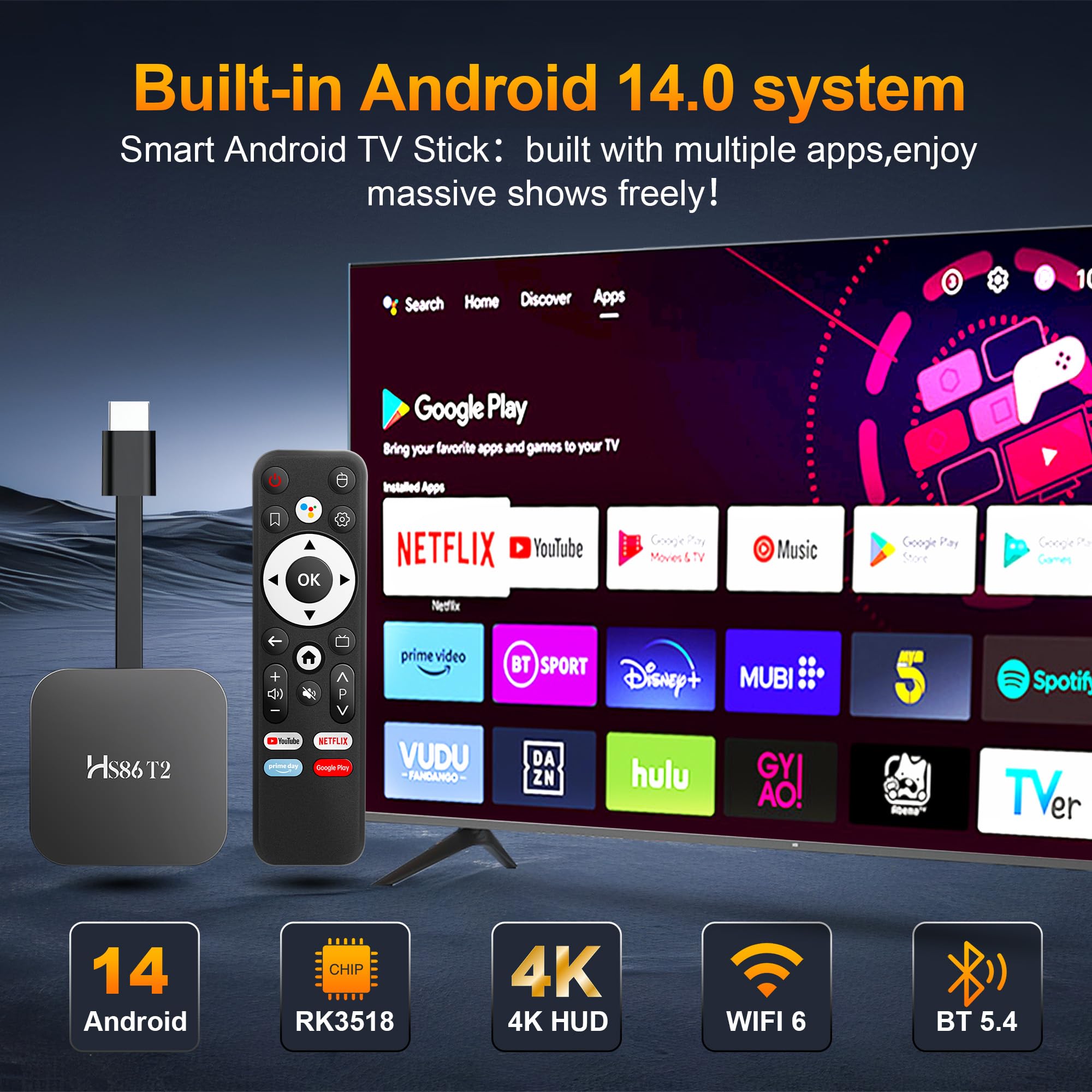 Android TV Stick 14.0, Smart TV Stick 2 Go de RAM, 16 Go de ROM, puce RK3518, double WiFi 2,4 G/5,8 G, BT5.0, HDMI 2.0 et HD 4K, télécommande vocale, prise en charge vidéo et audio Noir 2026
