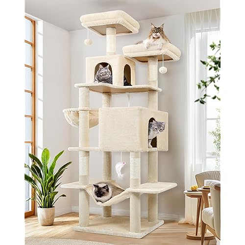 Globlazer Cat Tree Tower, 76-Inch Extra Tall Multi-Level Cat Furniture with Cozy Condos, Hammock and Perches for Adult Cats, Perfect for Climbing, Scratching, and Play, F76, Beige