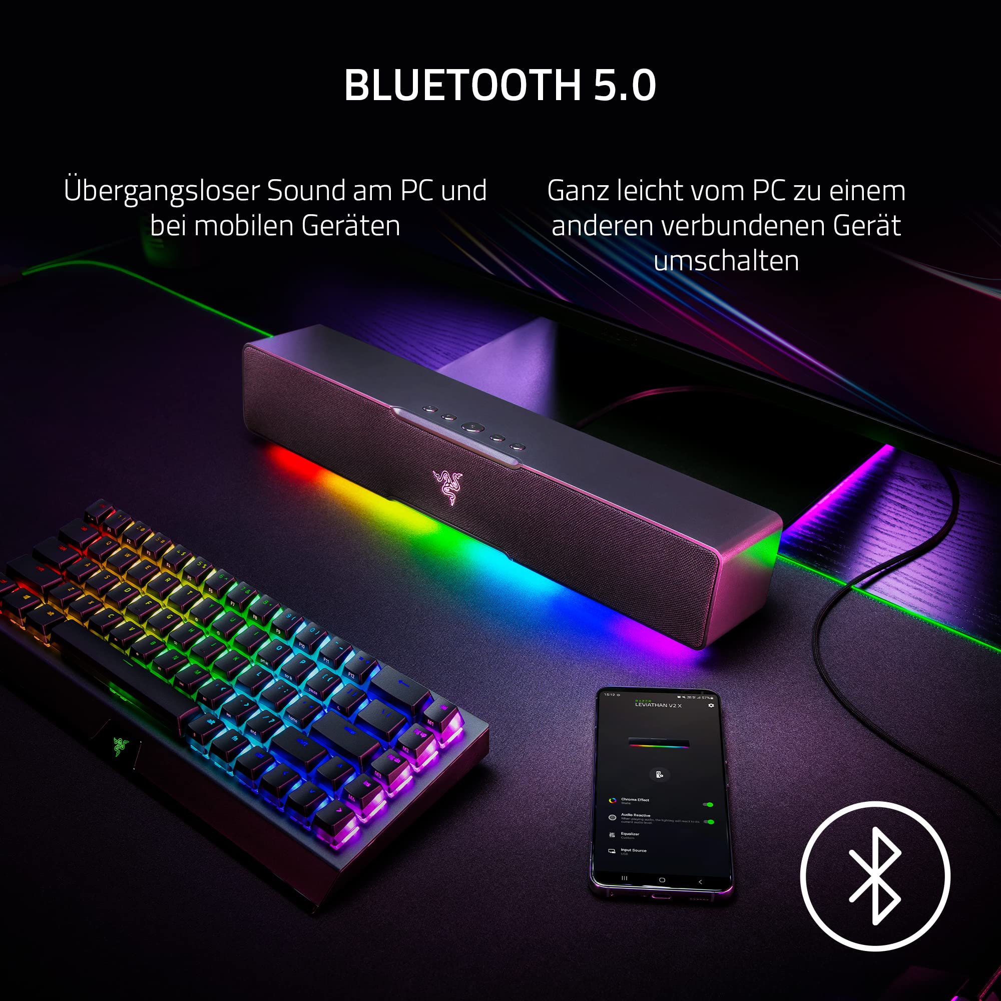 Razer Leviathan V2 X - PC-Gaming-Soundbar (mit Full-Range-Treibern, Kompaktes Format, Stromversorgung und Audio per USB Typ C, Bluetooth 5.0, Chroma RGB) Schwarz