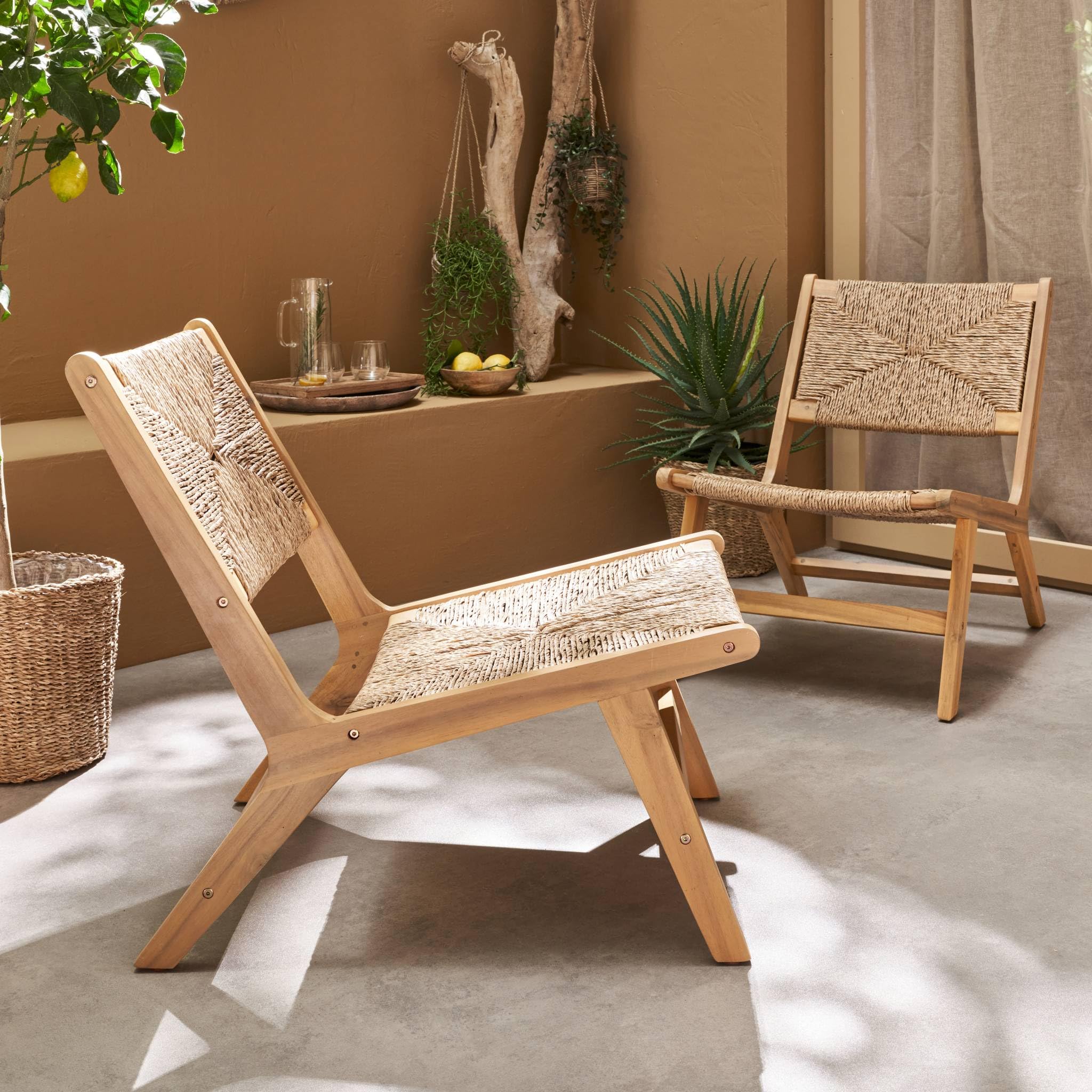 Alice's Garden sweeek - Lot de 2 fauteuils Relax de Jardin en Bois et résine Effet Paille. intérieur/extérieur
