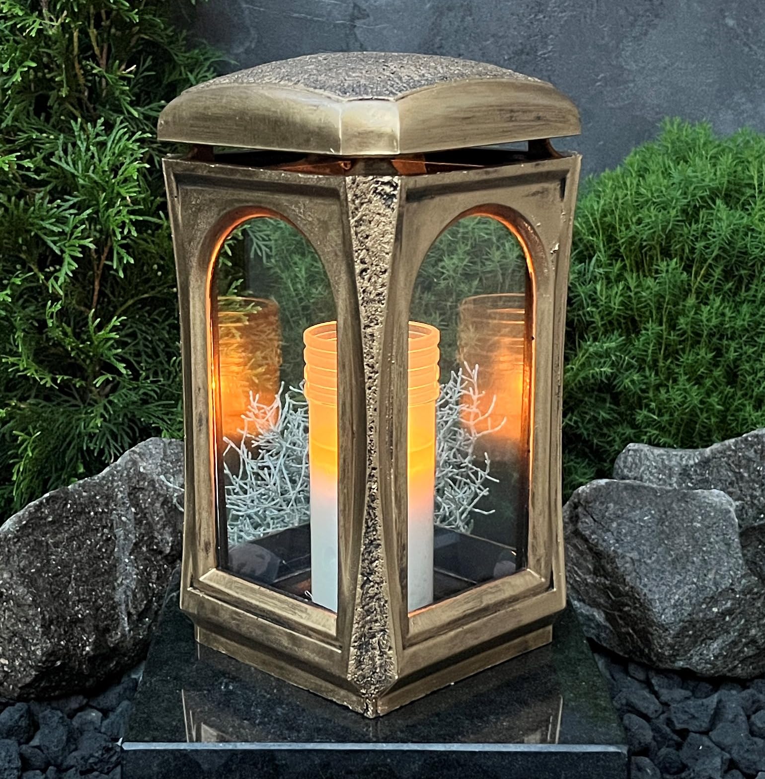 Grablaterne Grablicht Premium Massiv Guss Bronze Grabkerze Kerze Grabschmuck Grablampe Grableuchte Lampe Laterne Grabdeko Garten
