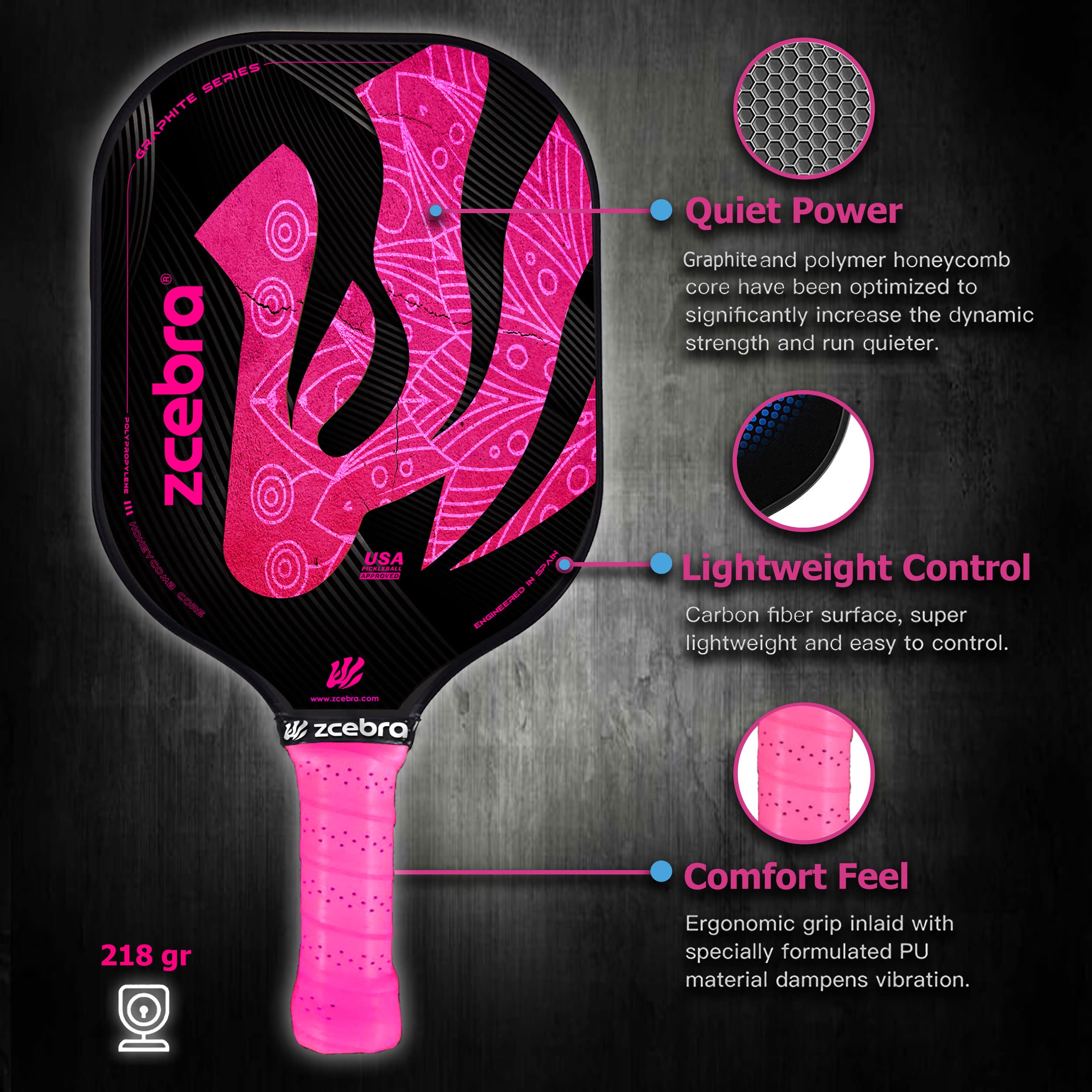 Pelle de Pickleball Graphite - Raquette Fibre de Carbone Core Panneau Abeille Polypropylène - Set Housse Néoprène Pink Edition