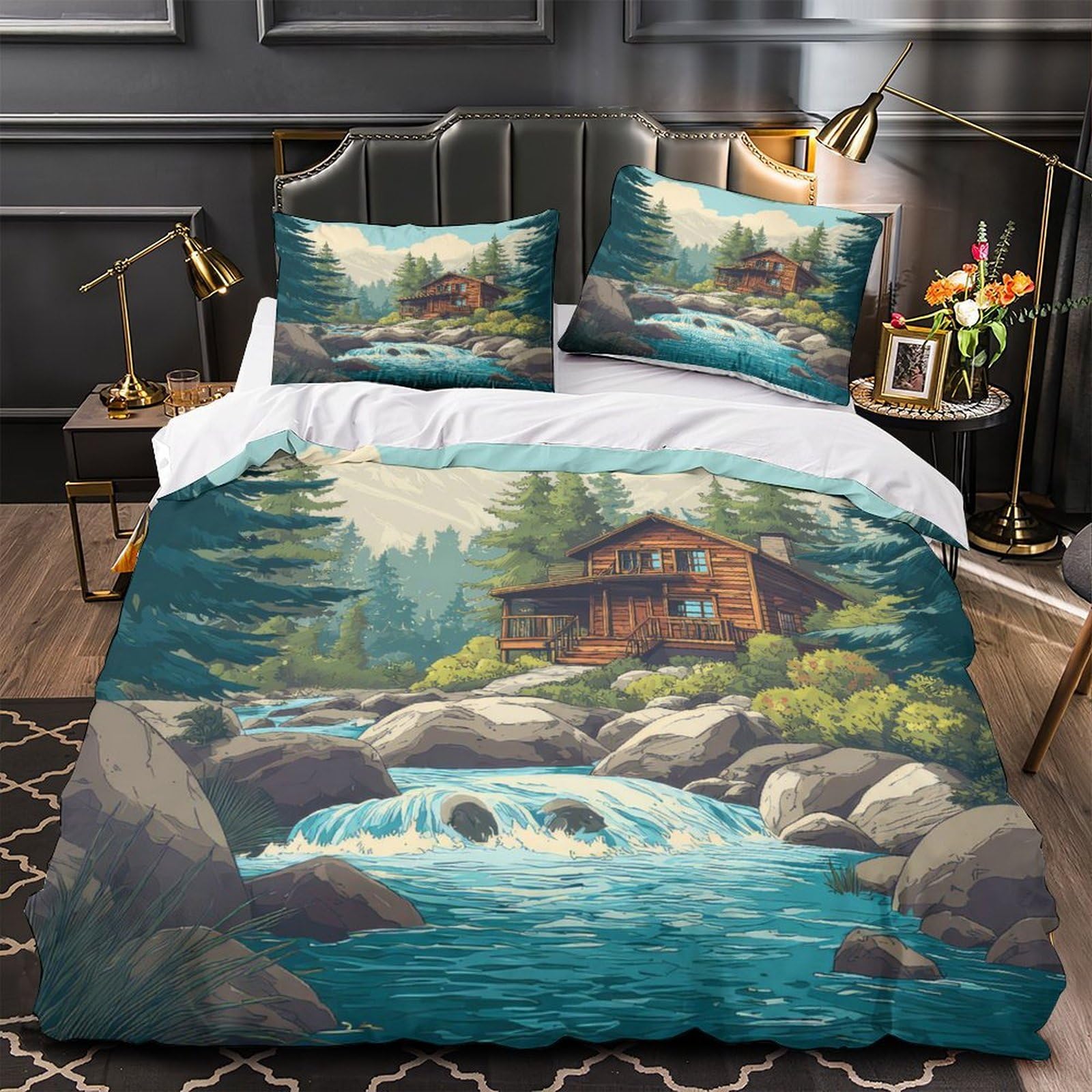 Housse de couette chalet de montagne pour chambre rustique en forêt