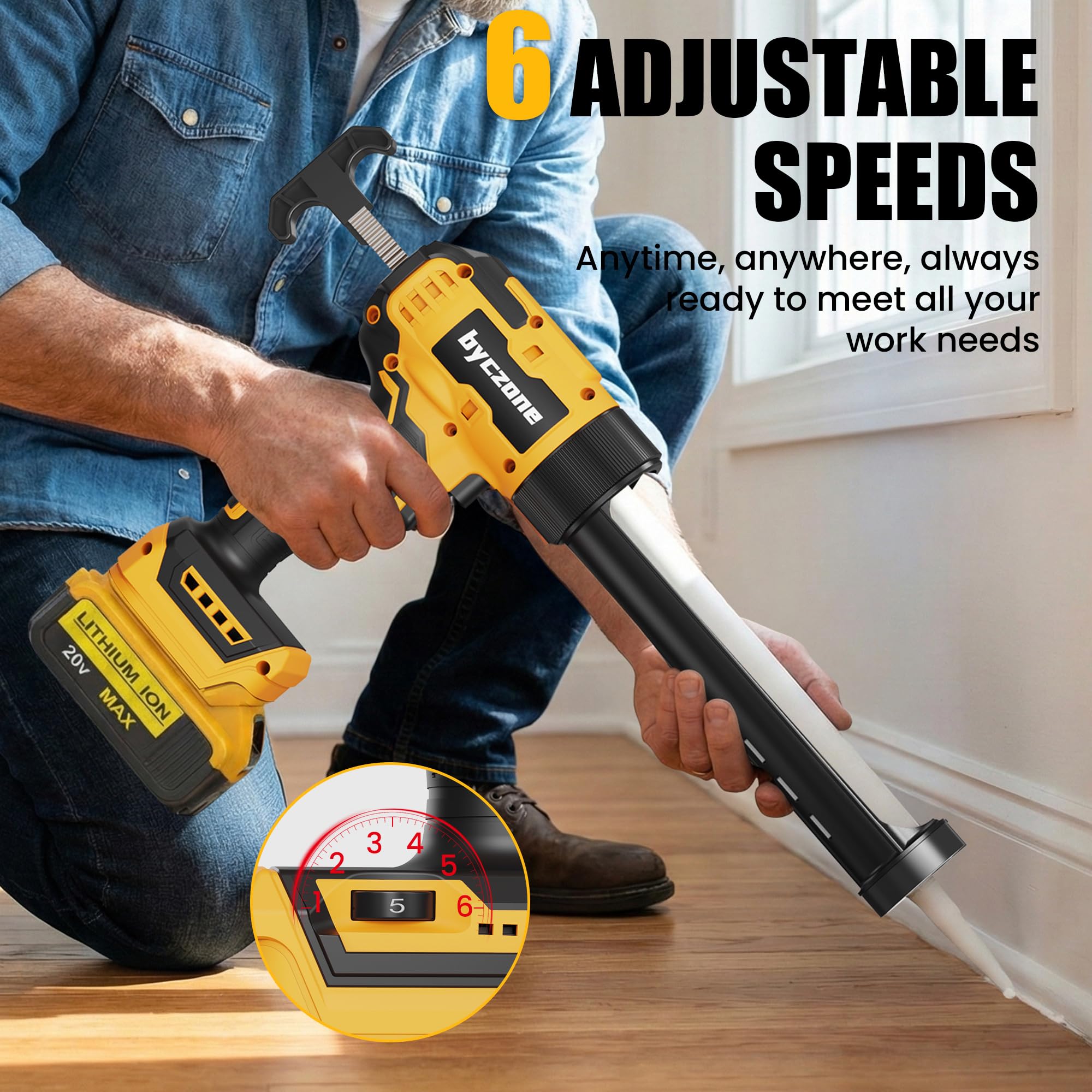 Pistola de calafateo eléctrica compatible con batería Dewalt de 20 V máximo, pistola de calafateo inalámbrica de 10 onzas con 6 velocidades ajustables, luz LED, pistola de calafateo alimentada