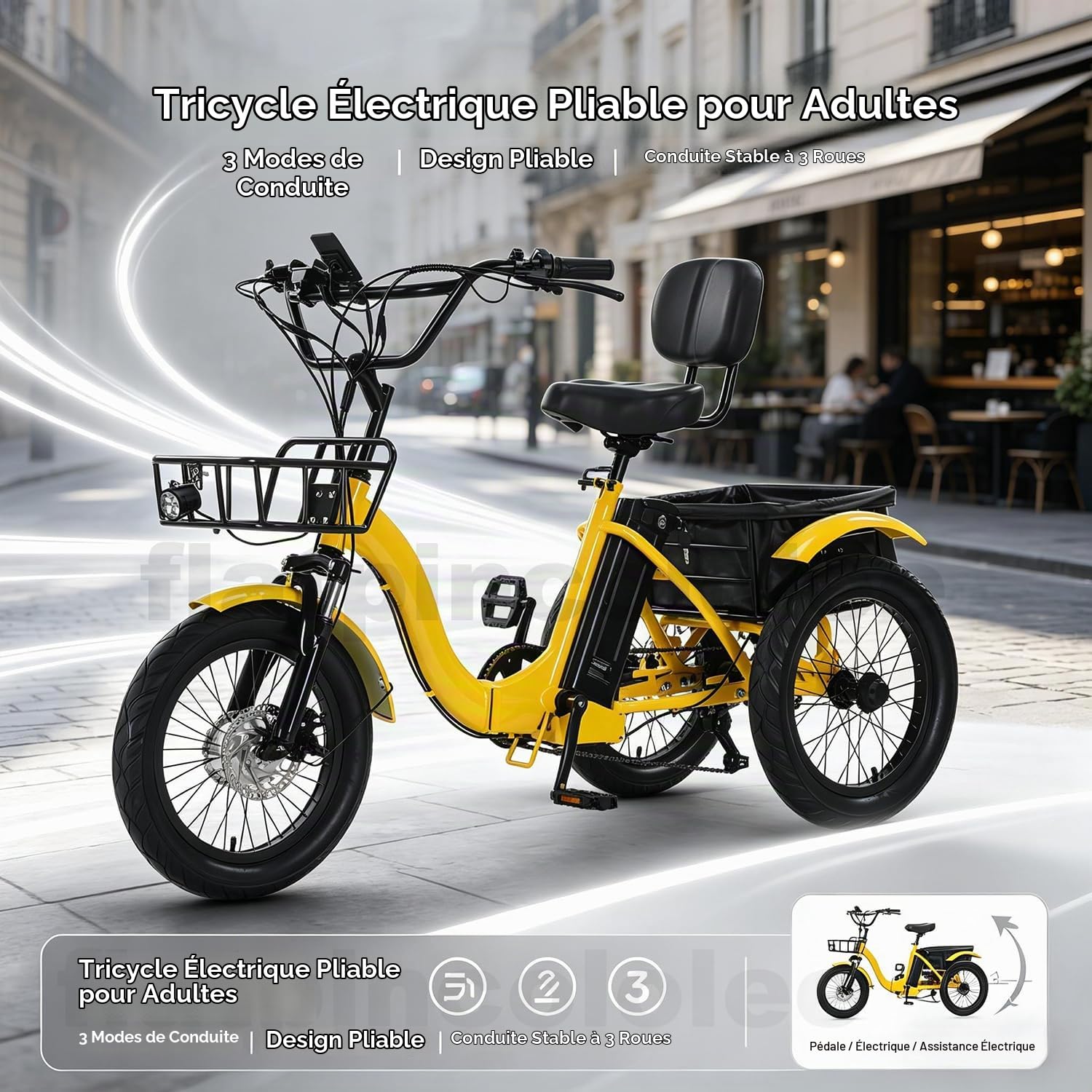 Tricycle Électrique Adulte Pliable 18", Vélo Électrique 3 Roues Stable, 3 Modes Conduite, Pneus Larges 18×3.0, Panier Avant Arrière, Charge Max 150kg, Idéal Courses, Ville, Seniors Mobilité Yellow