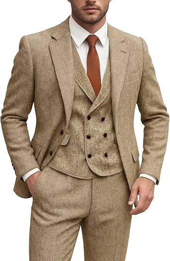 Mens Herringbone Tweed Suits 3 Piece Wedding Business Casual Suit Tuxedo Jacket Vest Pants