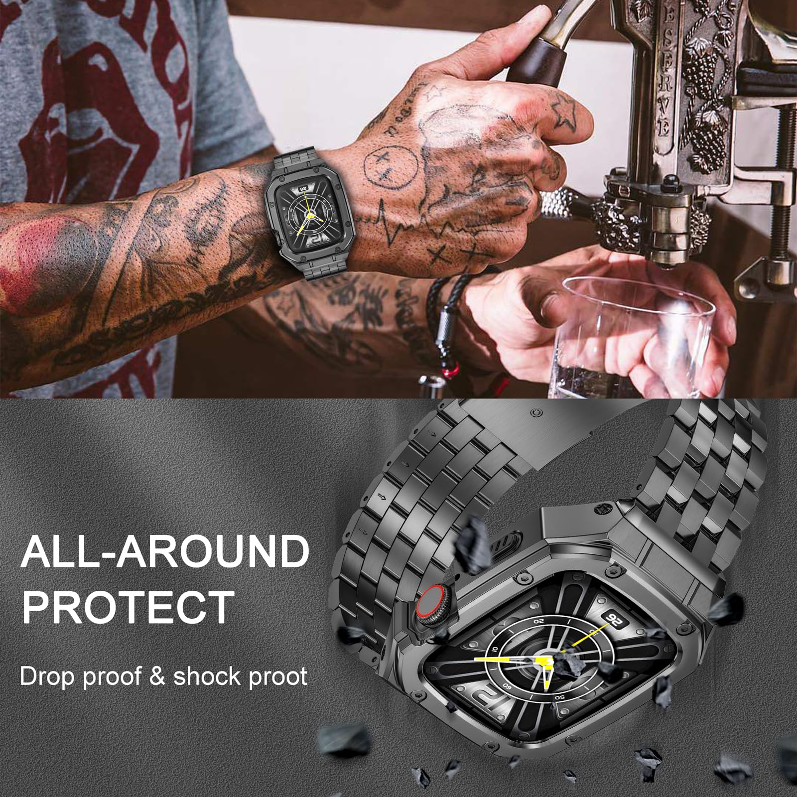MioHHR Étui de montre en acier inoxydable avec bracelets compatibles avec les bracelets Apple Watch 49 mm, 46 mm, 45 mm, 44 mm, 42 mm, 41 mm, 40 mm, 38 mm, coque en métal avec bracelets iWatch pour