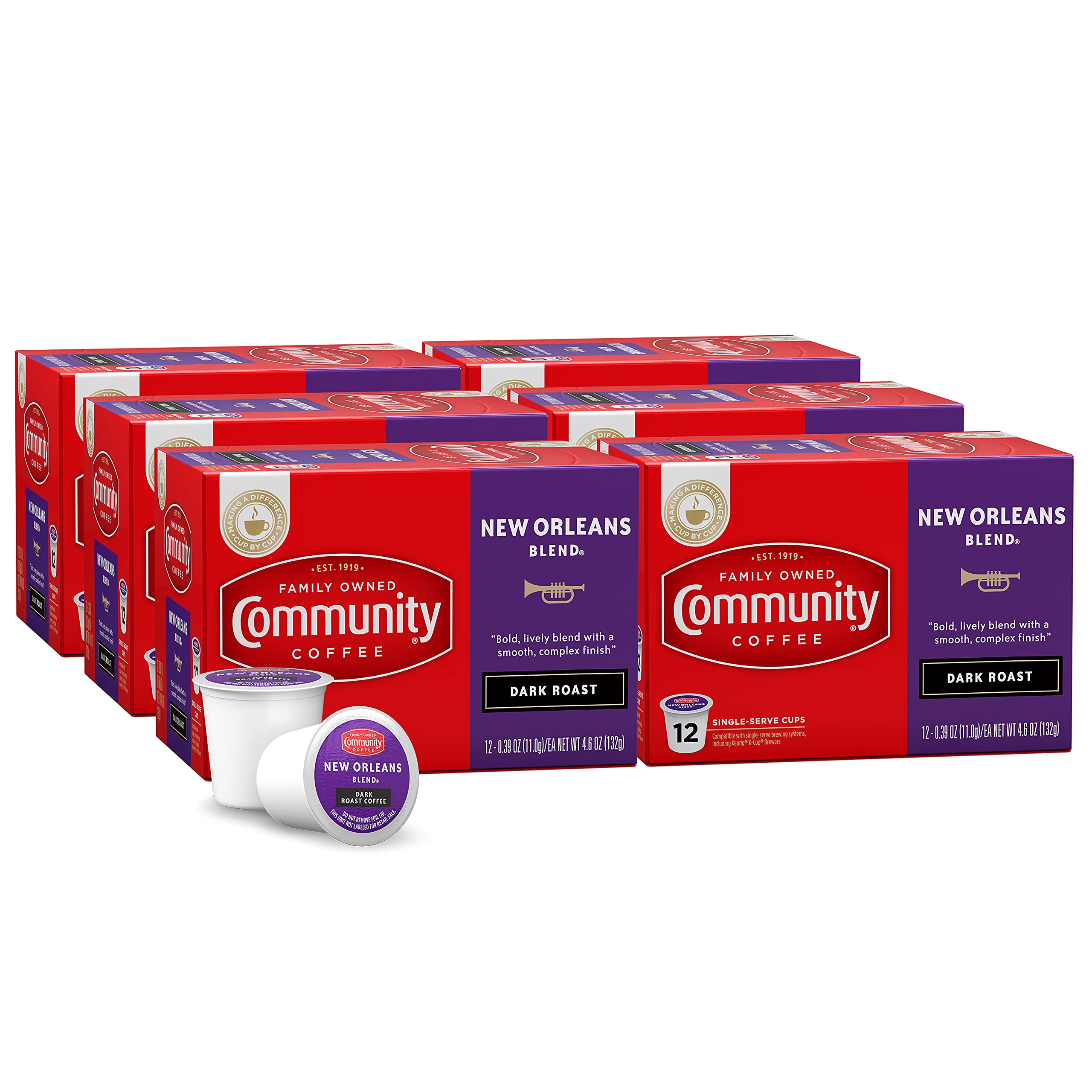 Community CoffeeNew Orleans Blend 72 Count Coffee Pods, Special Dark Roast, Compatible with Keurig 2.0 K-Cup Brewers, 12 Count (Pack of 6)