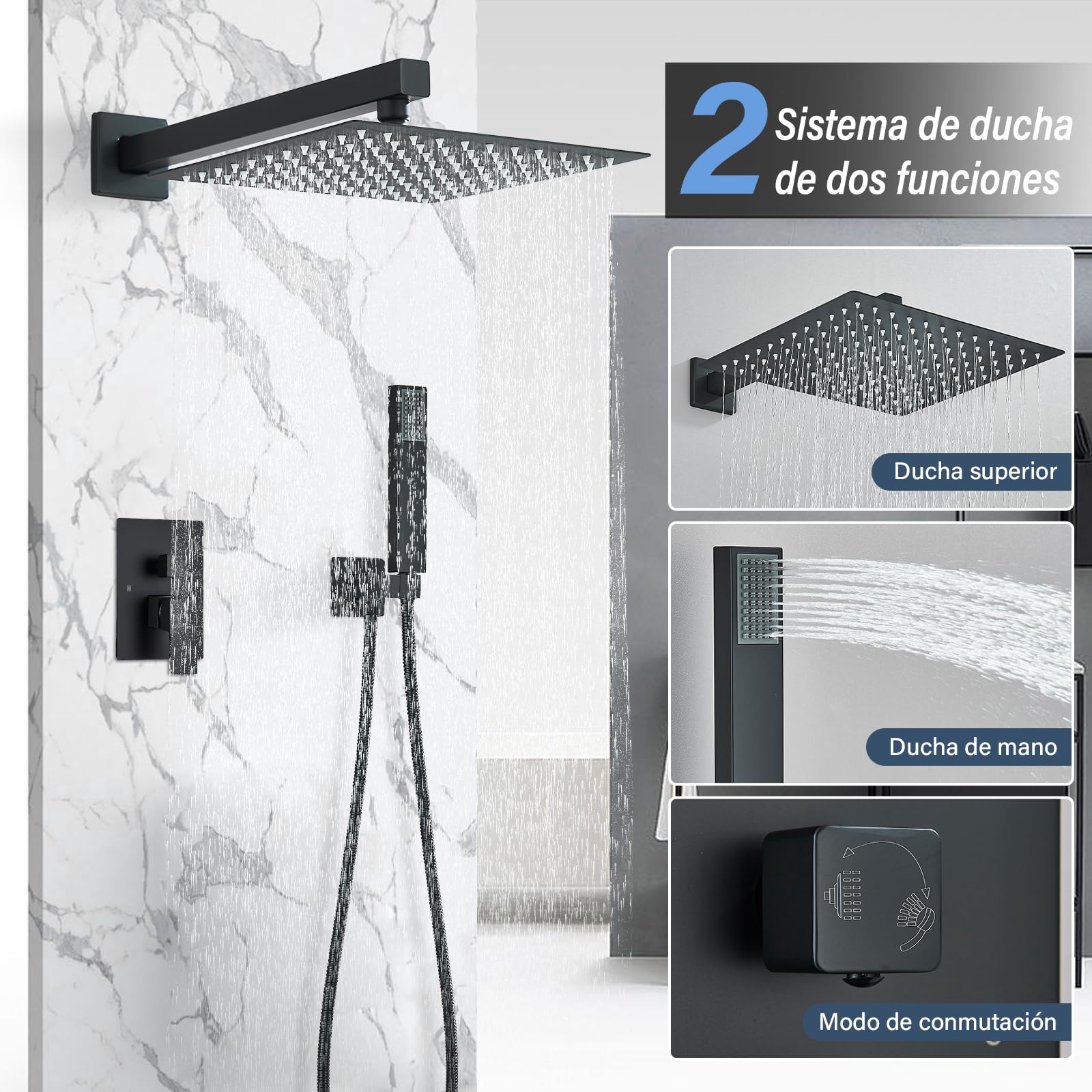 Set De Ducha Sistema Empotrado Negro,Columna para Baño,Alcachofa 30cmx30 cm, de Mano,Cuerpo de Latón