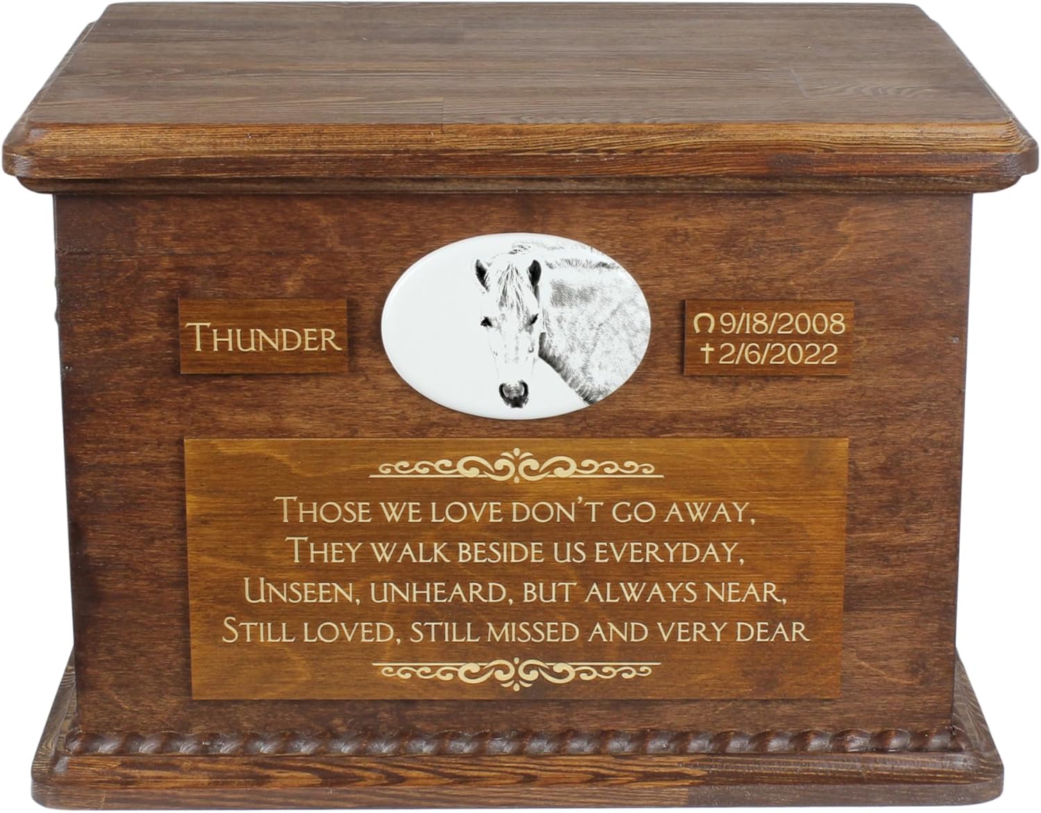 Art-Dog Big Urn for Horse Ashes - Handmade Memorial with Photo - Personalized Custom Horse Urn with Brass Handles and Ceramic Plaque - 15.7x11.8x11” – Fjord Horse I