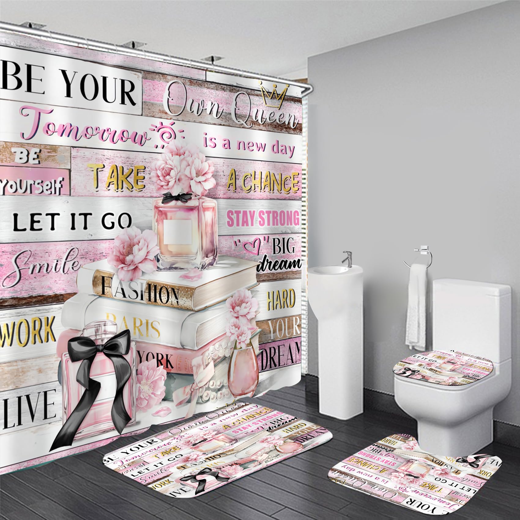 AZHM 4Pcs Shower Curtain Set Pink Fashion Floral Bathroom Decor Inspirational Quotes Bathroom Shower Curtain with Rugs and Accessories Girly Perfume Bathroom Set