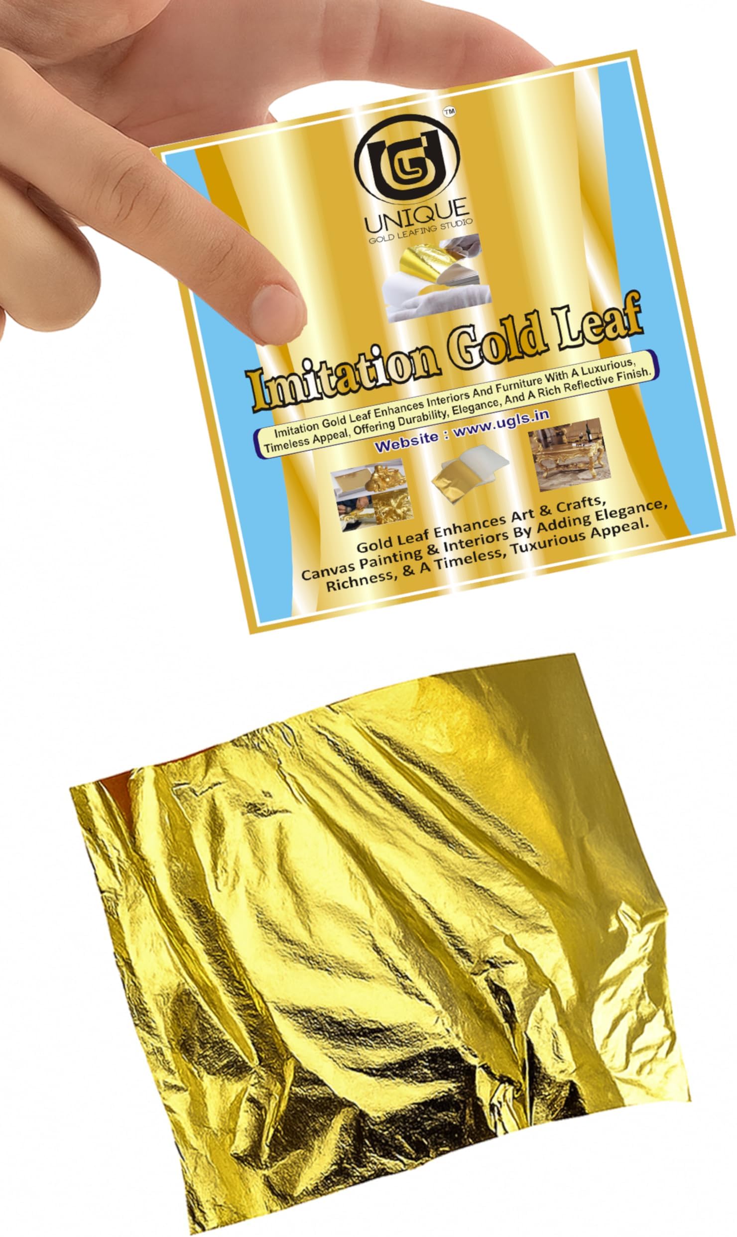 UGLS Gold Leaf Sheets, 100 Sheets, 8 by 8.cm Warq - Golden Foil Paper for Gilding, Resin Art, Decoration Crafting, Maysur Paintings, Arts Crafts, Nail Deco, Furniture, DIY. (3.14 x 3.35 inches, Gold)