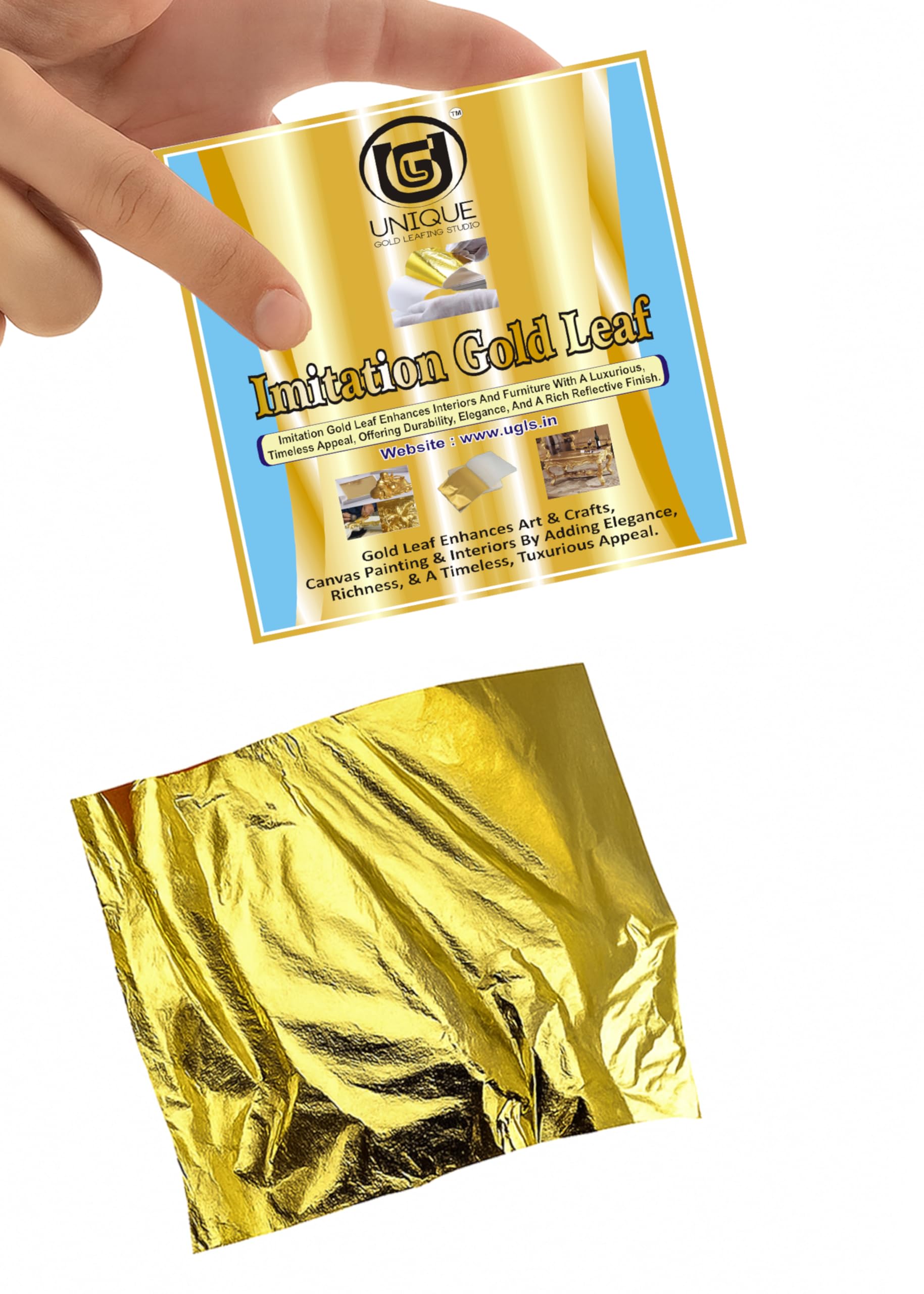 UGLS Gold Leaf Sheets, 100 Sheets, 8 by 8.cm Warq - Golden Foil Paper for Gilding, Resin Art, Decoration Crafting, Maysur Paintings, Arts Crafts, Nail Deco, Furniture, DIY. (3.14 x 3.35 inches, Gold)