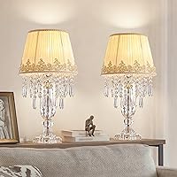 MOOONICHE Crystal Table Lamps Set of 2, Dimmable Bedside Lamps with Beige Chiffon Shades & Raindrop Crystals, 11.8"x21.7" Nightstand Reading Lamps for Bedroom Living Room