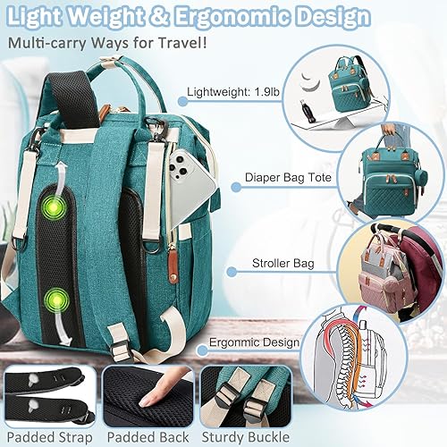 Miniatura 5 de Bolsa de pañales mochila para bebé, bolsa de pañales para papá y mamá con almohadilla, 16 bolsillos, Verde