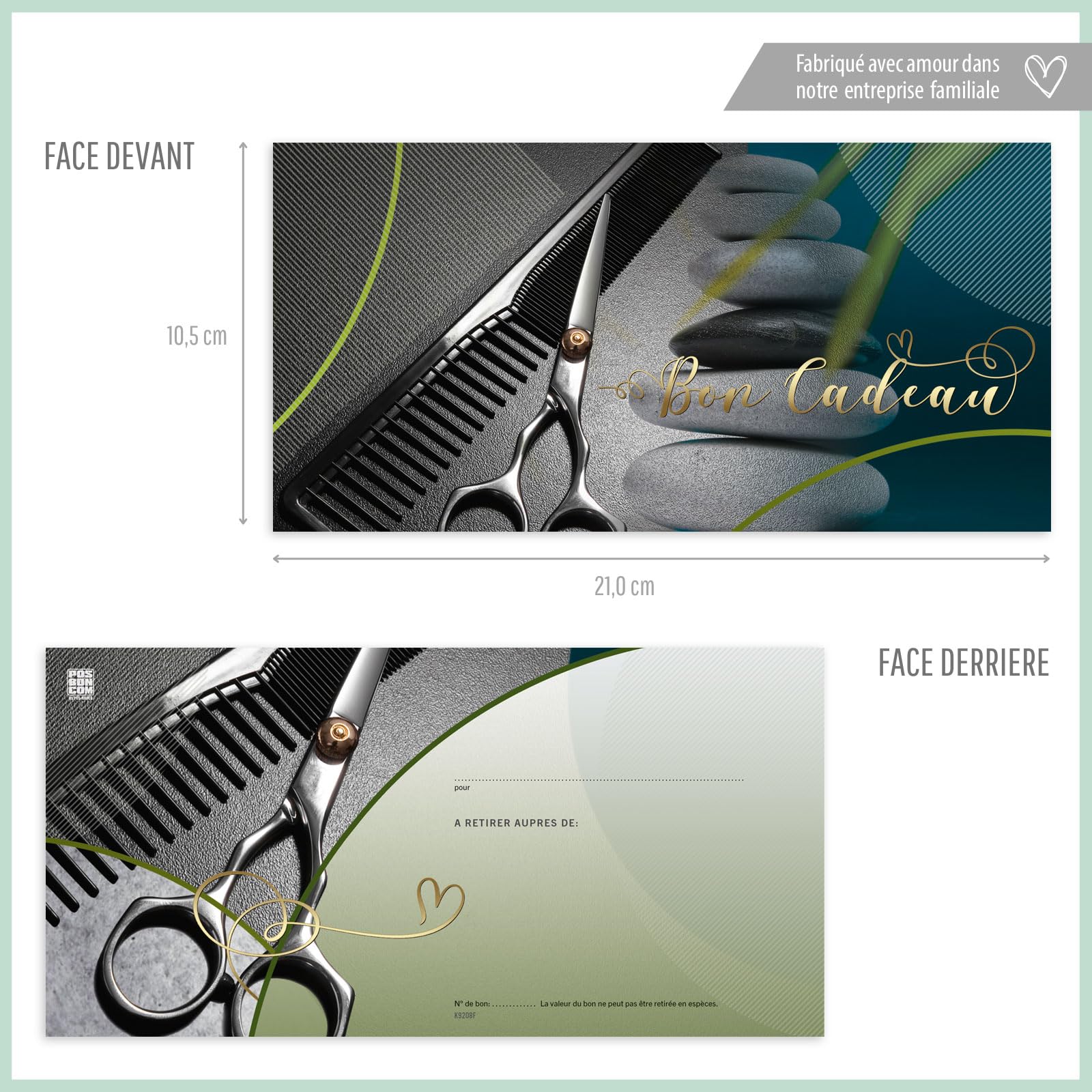 POS BON - 100 bons cadeaux à remplir avec enveloppe/nœud ruban - formulaires imprimés pour des salons de coiffure K9208F-2-100
